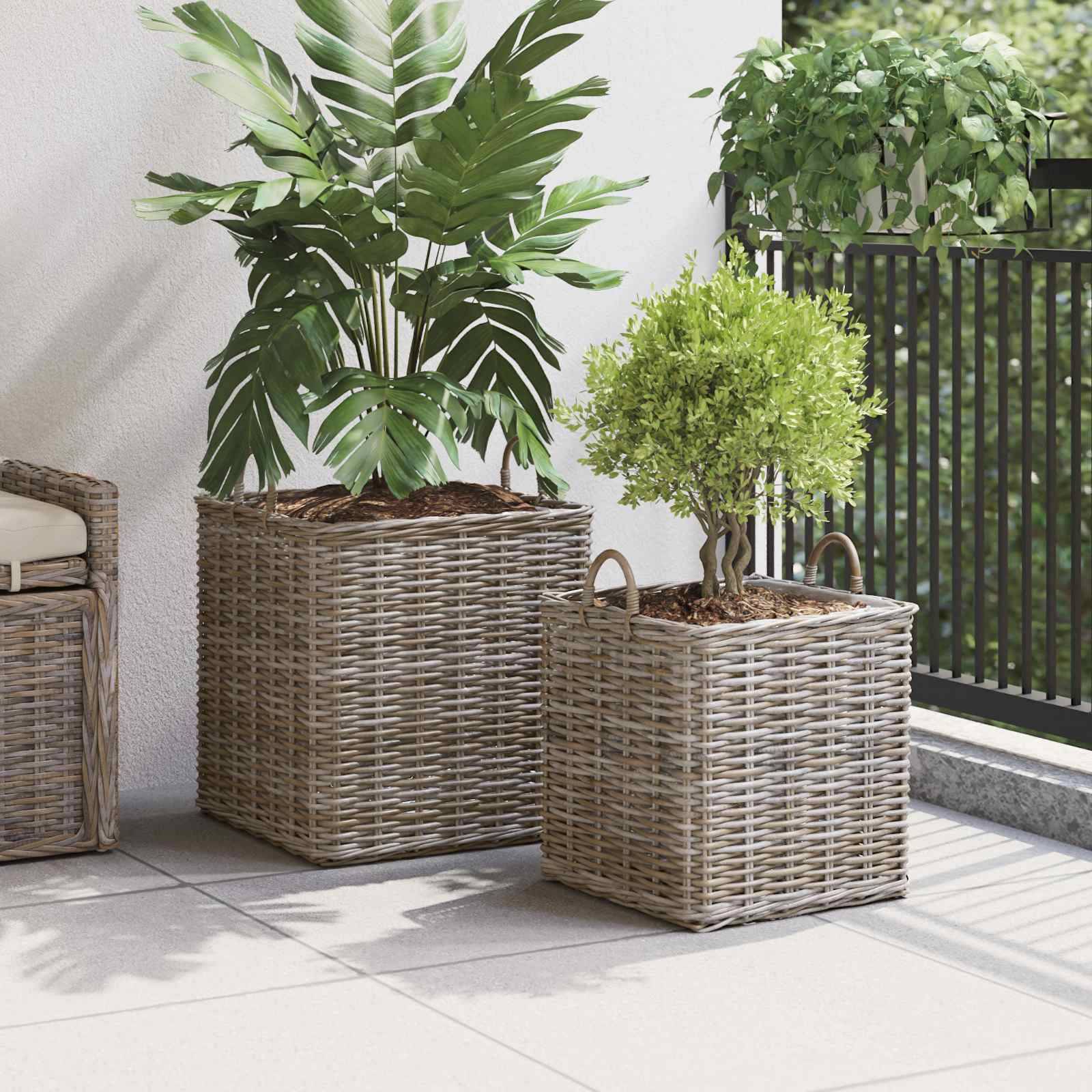vidaXL Pflanzer Korb mit Speicher 2 pcs Grau Lacak Rattan