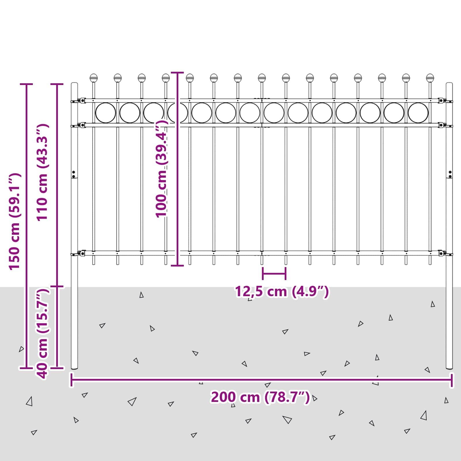 Zaun-Diagramm mit detaillierten Maßen: Höhe 150 cm, Breite 200 cm. Enthält Bodenebene und Segmenthöhen-Markierungen.