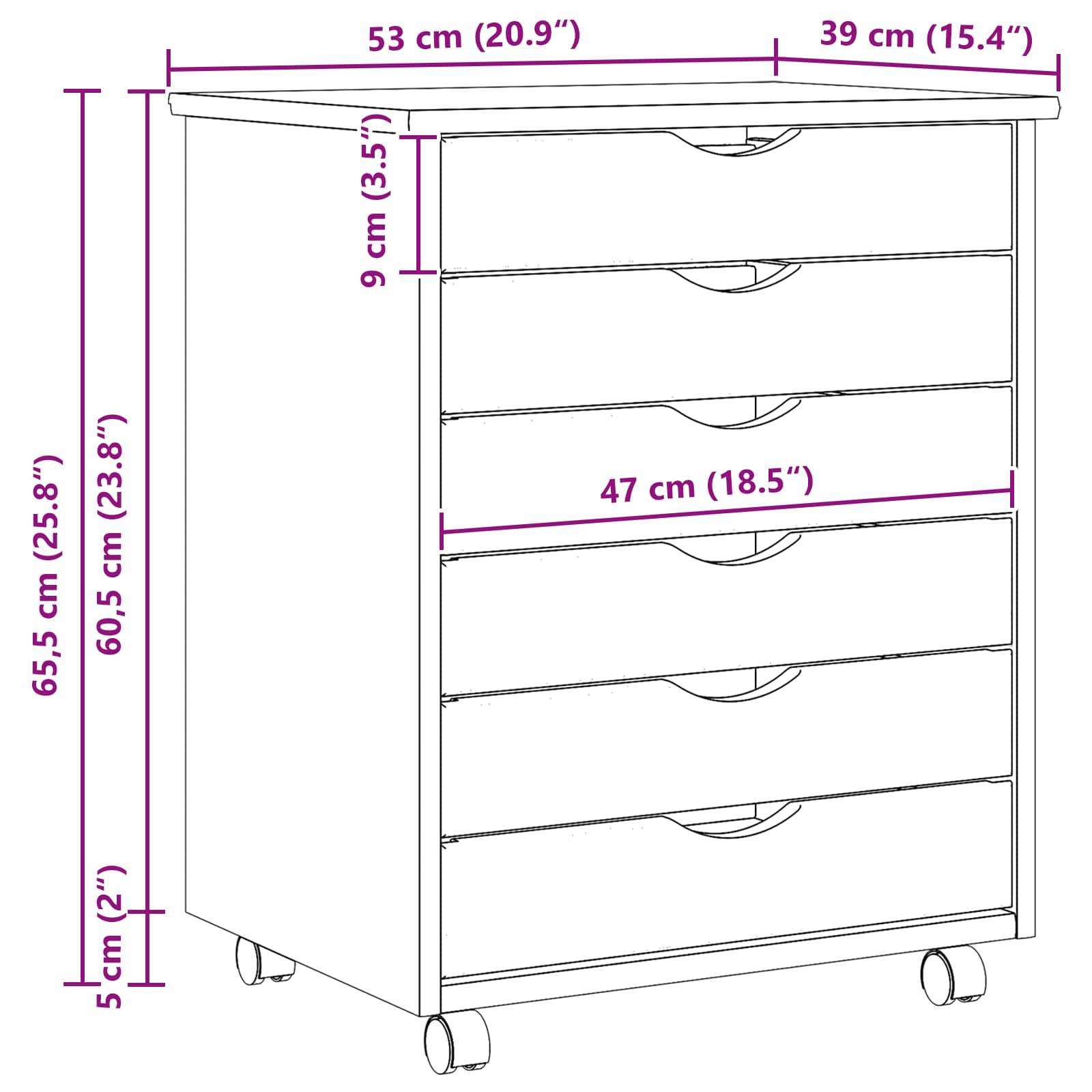 Eine Zeichnung einer Lagereinheit mit Rädern, die vier Schubladen aufweist. Die Abmessungen sind wie folgt angegeben: Breite 53 cm, Tiefe 39 cm, Höhe 65,5 cm. Die Schubladen haben eine Breite von 47 cm.