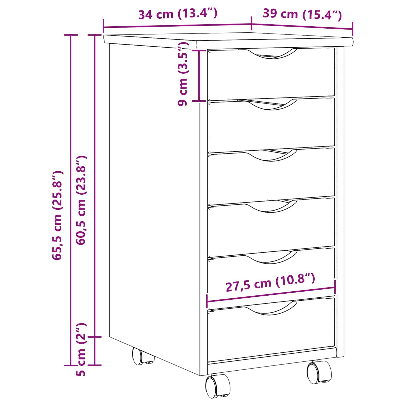 vidaXL Rollcontainer mit Schubladen MOSS Klarlack 34 x 39 x 65,5 cm