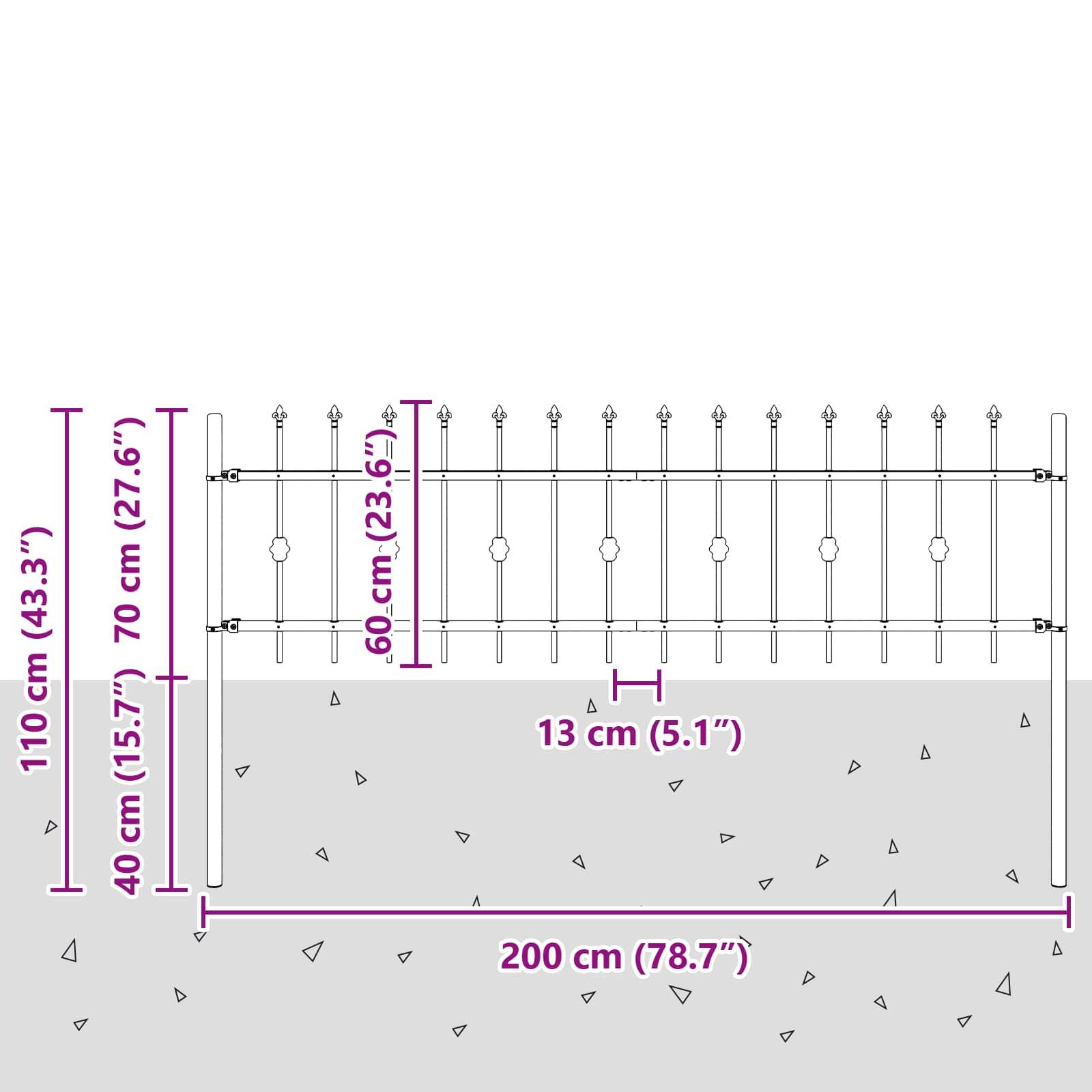 Ein Diagramm eines Zaun­segments zeigt folgende Abmessungen: 200 cm breit, 115 cm hoch, mit Pfosten 40 cm tief. Spitzen krönen die 60 cm Stäbe.