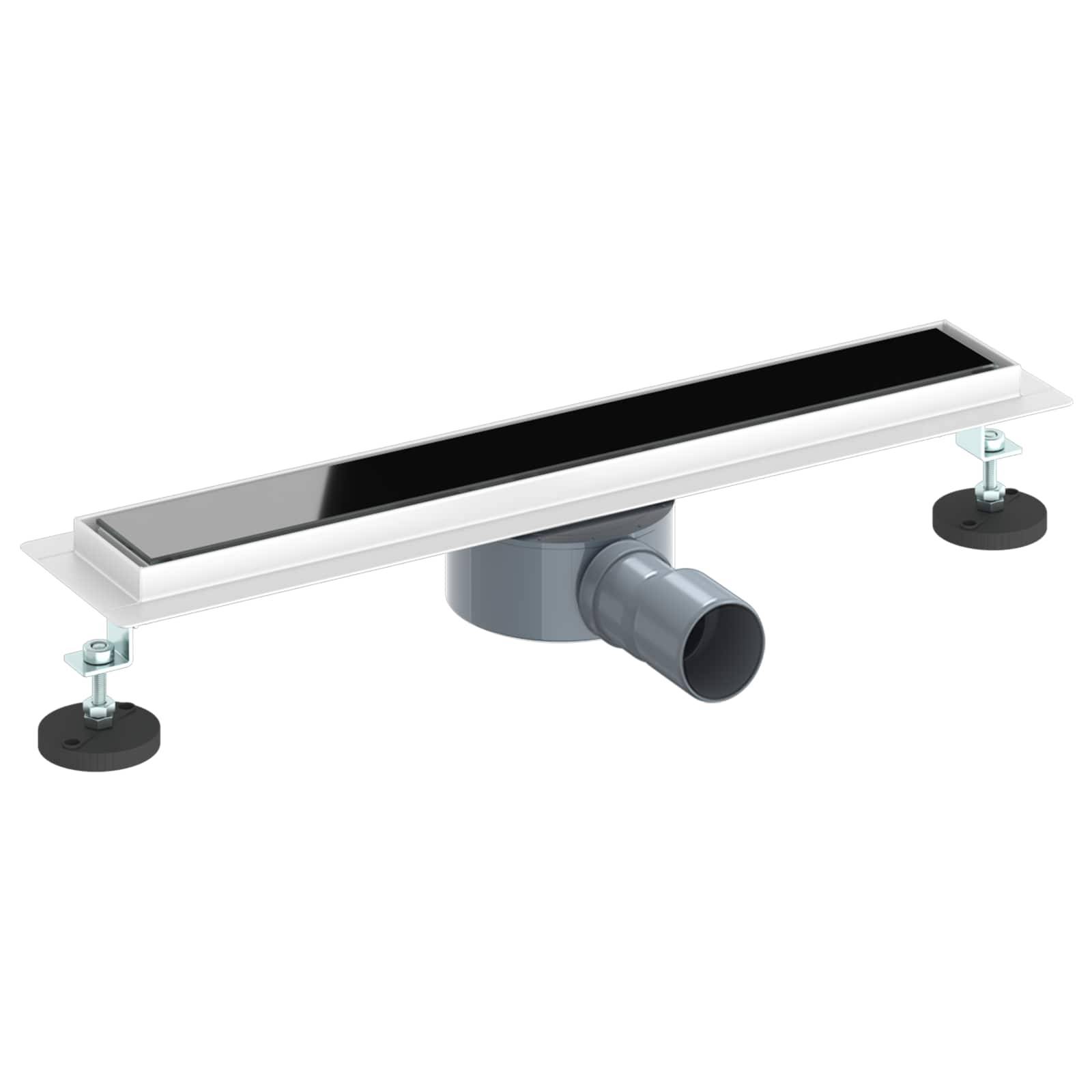 Lineares Duschablaufrohr mit verstellbaren Nivellierfüßen und zentralem Auslassrohr, mit elegantem, modernem Design für Badezimmer.