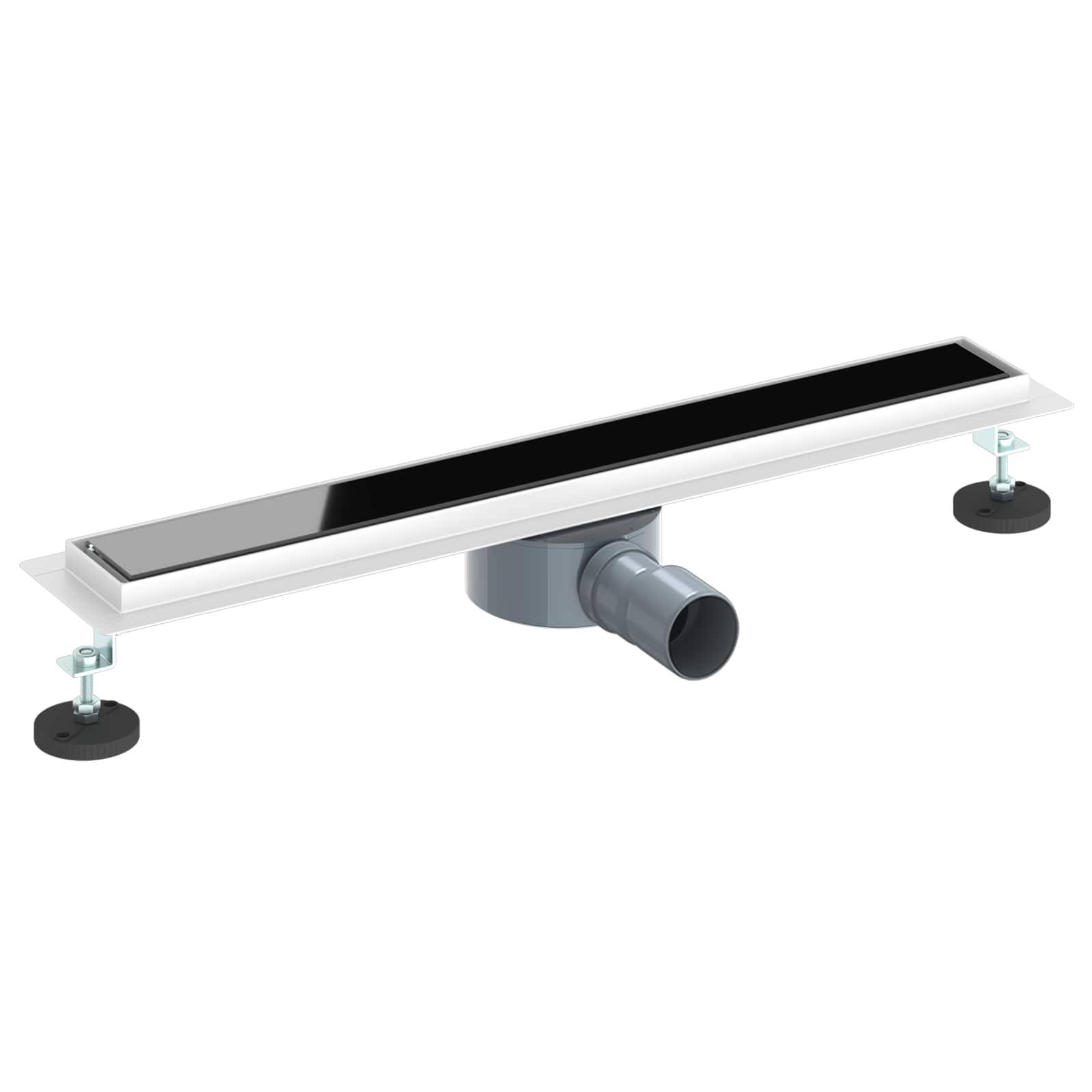 Ein lineares Duschenablaufsystem aus Chrom mit versetztem horizontalem Auslass, ausgestattet mit verstellbaren Montagefüßen und elegantem, modernem Design.