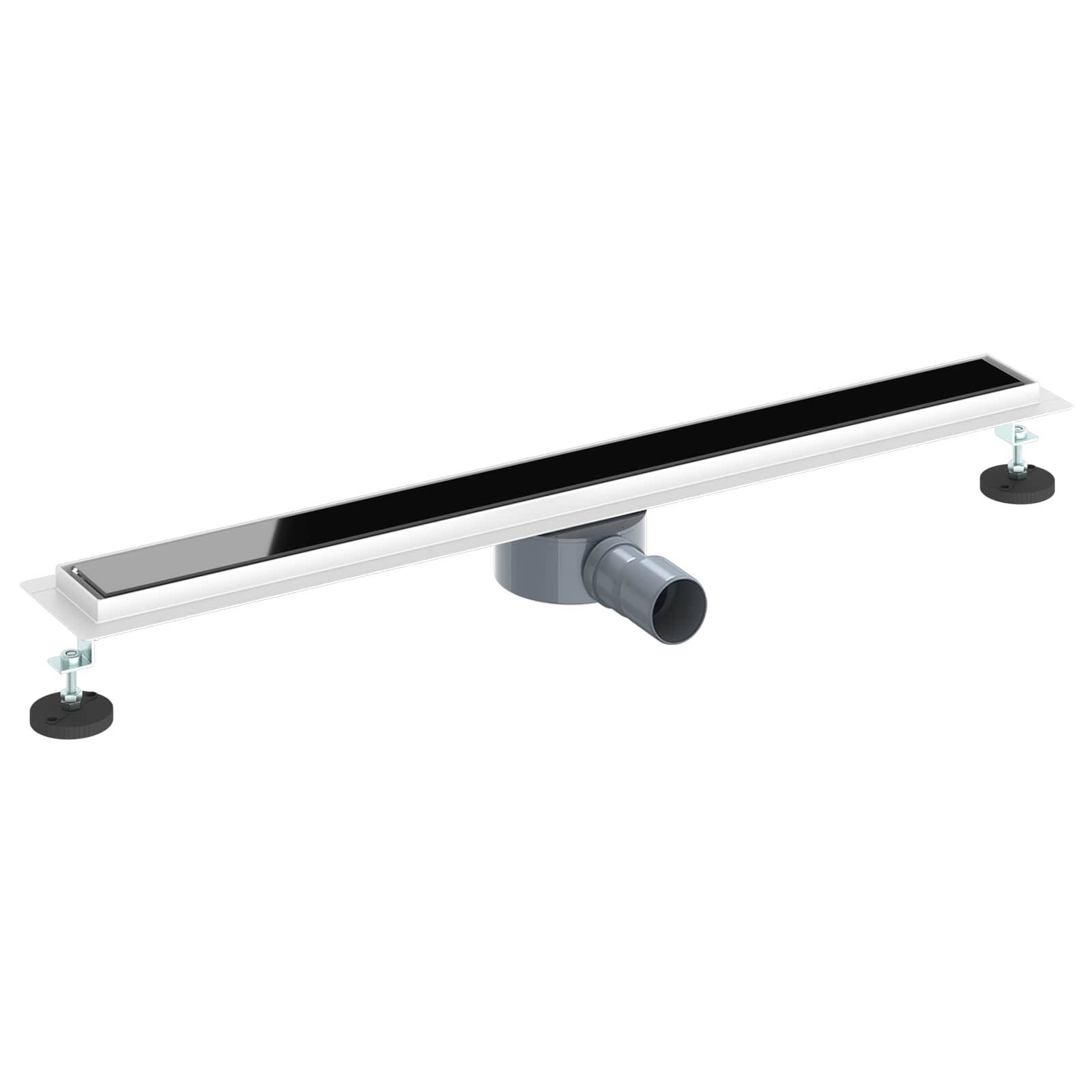 Ein elegantes, rechteckiges schwarz-silbernes Duschabflusssystem mit zwei verstellbaren Beinen und einem zentralen Ausgangsrohr, geeignet für modernes Badezimmerdesign.