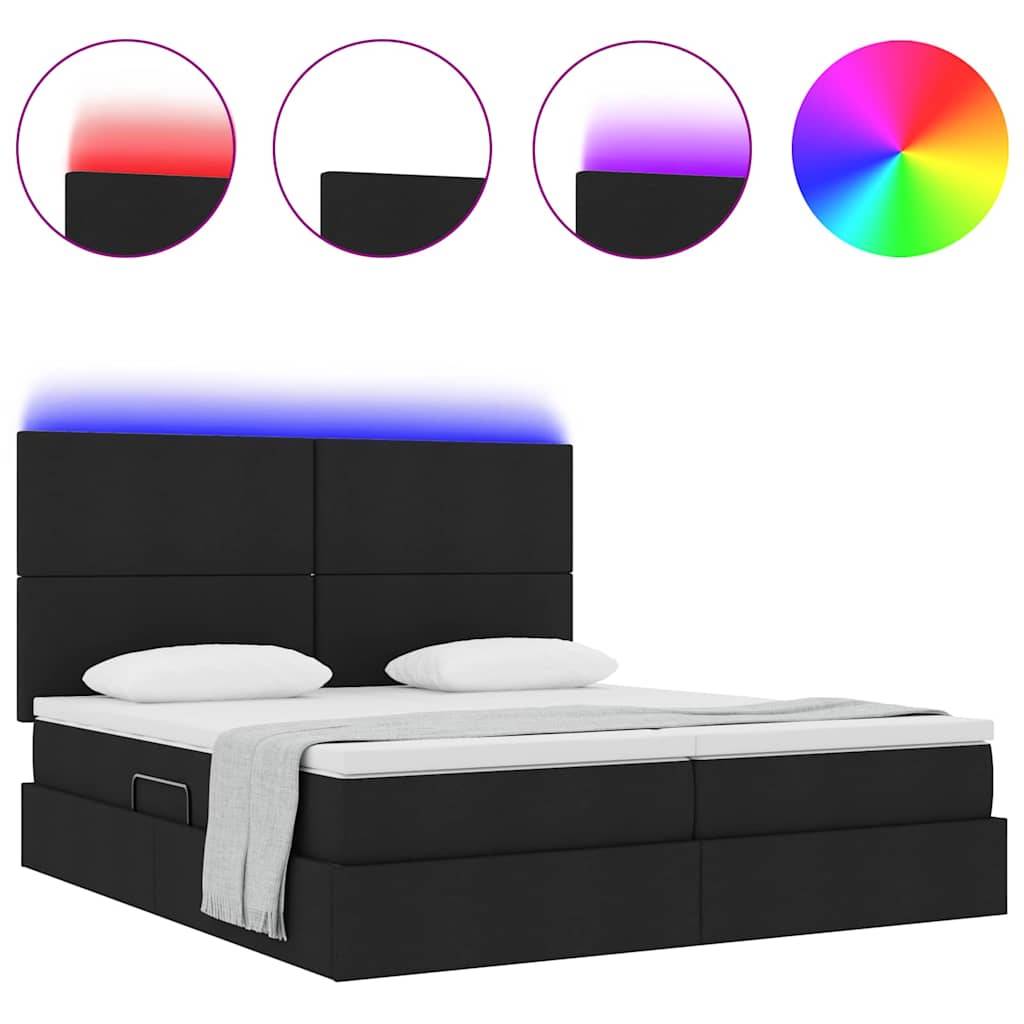 Ein modernes schwarzes Plattformbett mit verstellbaren LED-Leuchten am Kopfende. Kreise zeigen rote, blaue und Regenbogenlicht-Optionen.