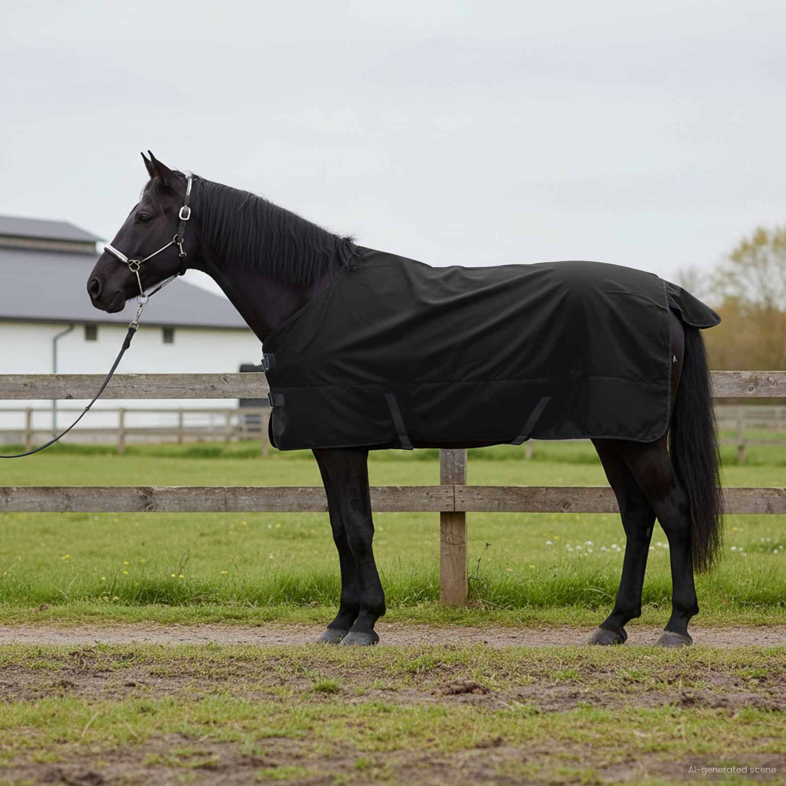 Ein braunes Pferd steht in einer grasbewachsenen Koppel und trägt eine schwarze Decke, mit einem Holzzaun und ländlichen Gebäuden im Hintergrund.