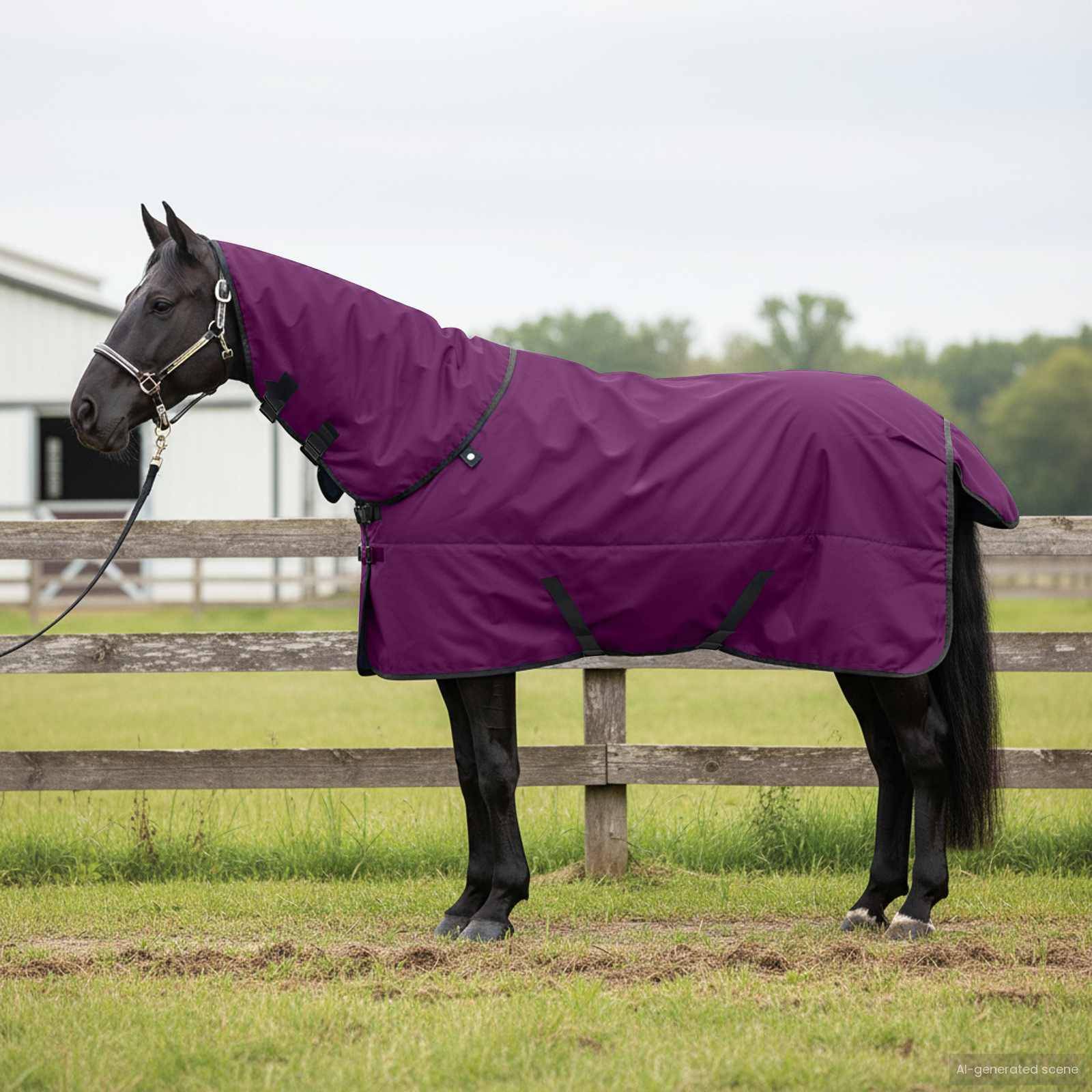 Ein schwarzes Pferd steht auf einer grünen Weide und trägt eine violette Pferdedecke. Ein Holzzaun und Bäume sind im Hintergrund sichtbar.