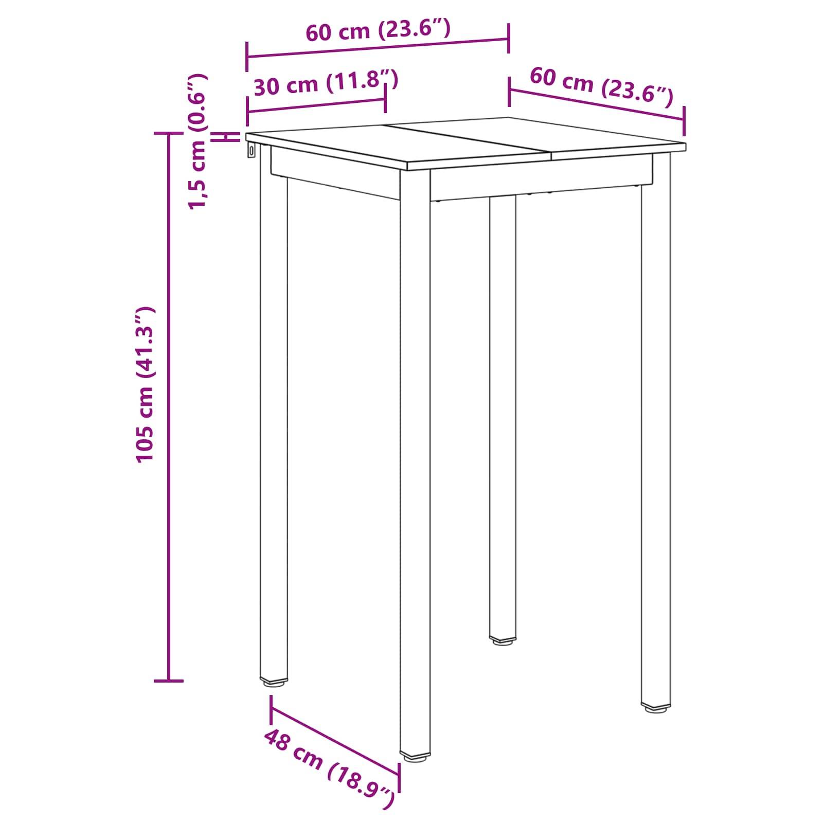 Ein hoher Bartisch mit folgenden Maßen: Höhe 105 cm, Tischplatte 60 cm x 60 cm und eine 1,5 cm dicke Tischplatte. Ideal für kleine Räume.
