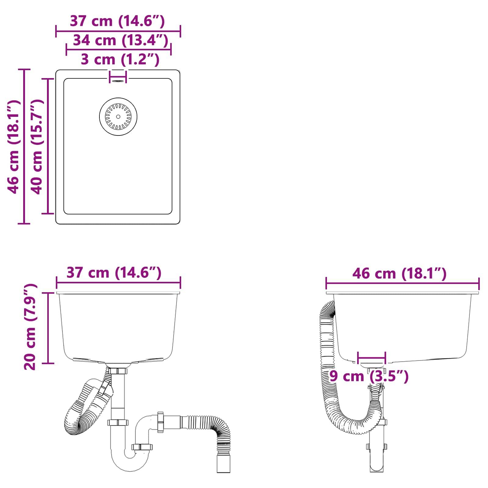 vidaXL Waschbecken Schwarz 370 x 460 mm 80% Quarz und 20% Harz