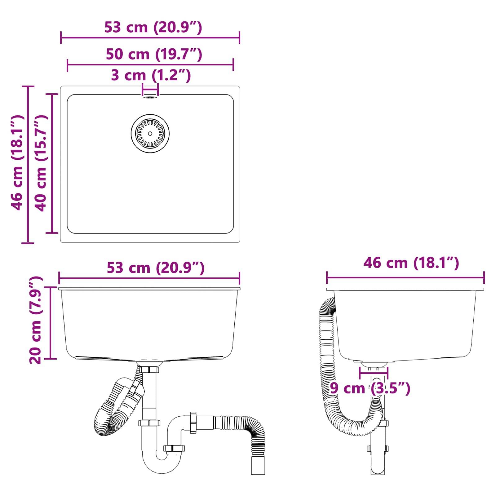 Diagramm eines rechteckigen Waschbeckens mit einer Breite von 53 cm, einer Tiefe von 46 cm und einer Höhe von 20 cm. Beinhaltet Rohre und Entwässerungsdetails darunter.