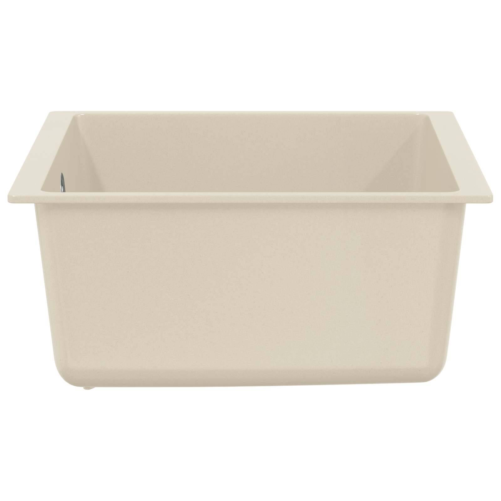 Ein schwarzes, quadratisches Spülbecken mit glatter Oberfläche und tiefem Becken.