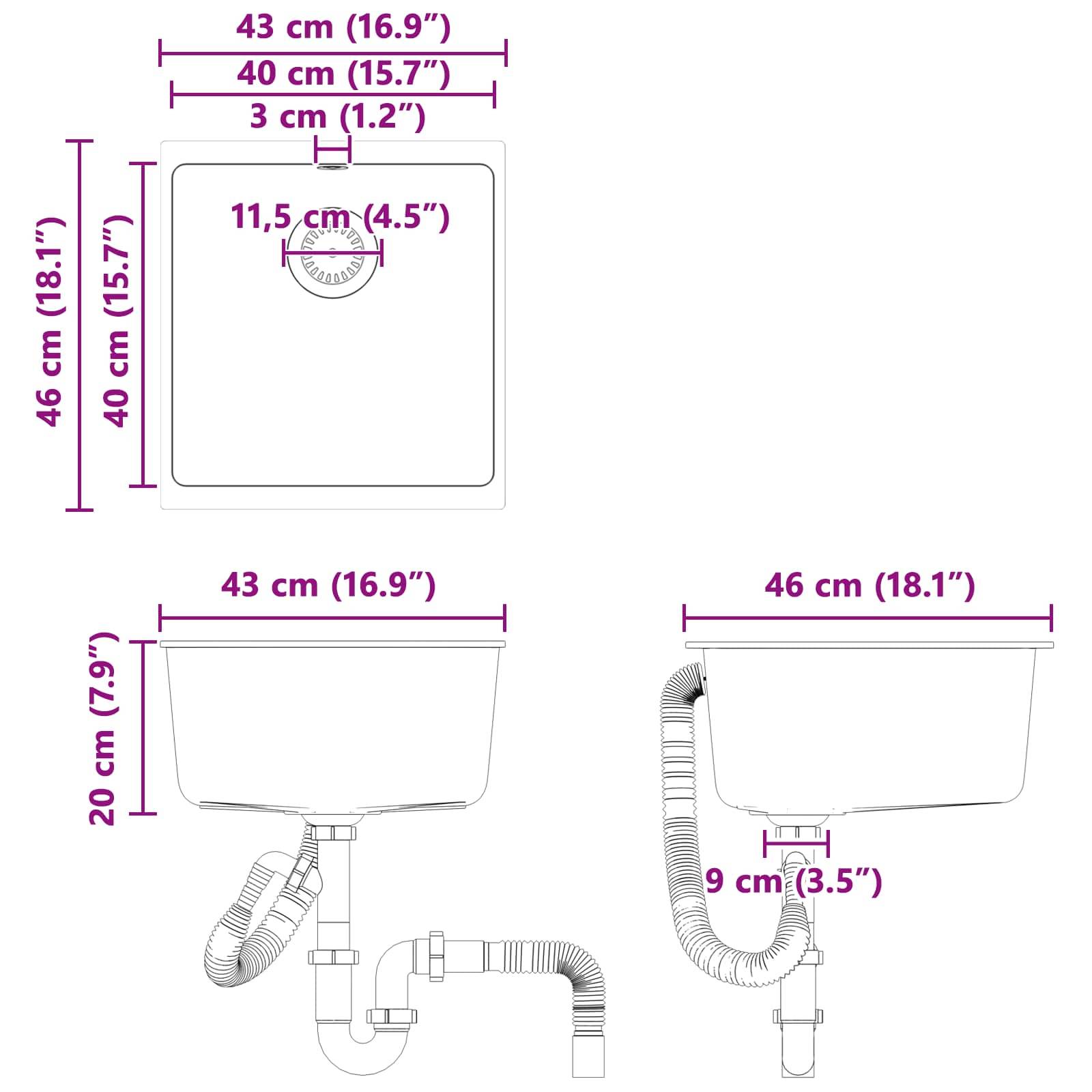 Rechteckiges schwarzes Unterbau-Waschbecken mit zentralem Abloch, aus leicht erhöhtem Blickwinkel betrachtet, das seine Tiefe und glatte Textur zur Schau stellt.