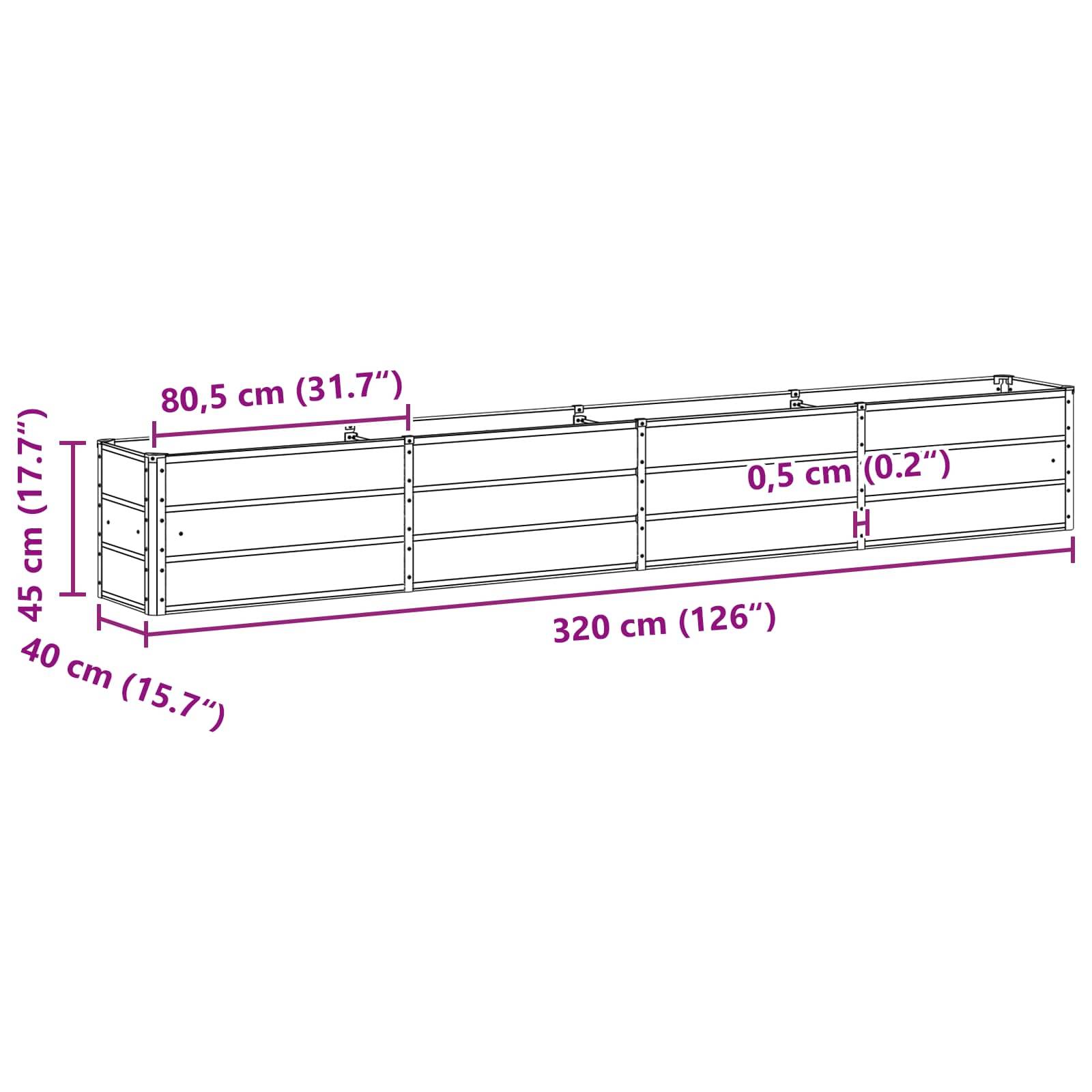 Ein rechteckiger grüner Blumenkasten mit vertikalen Linien, gefüllt mit violetten Blüten und grünem Laub.