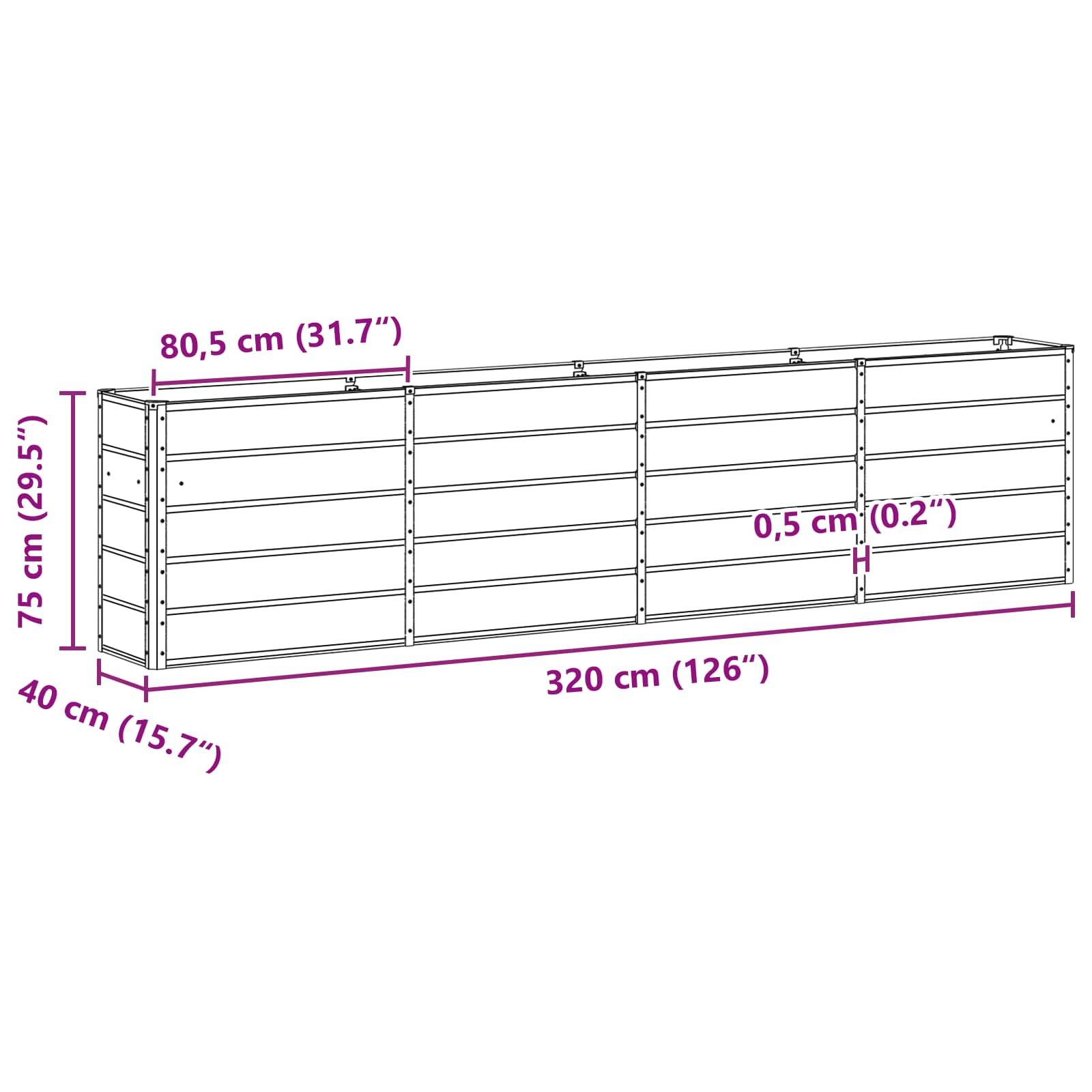 Ein rechteckiger grauer Blumenkübel gefüllt mit violetten Hortensien steht auf einem Rasen, mit grünen Bäumen im Hintergrund und einem weißen Schirm darüber.