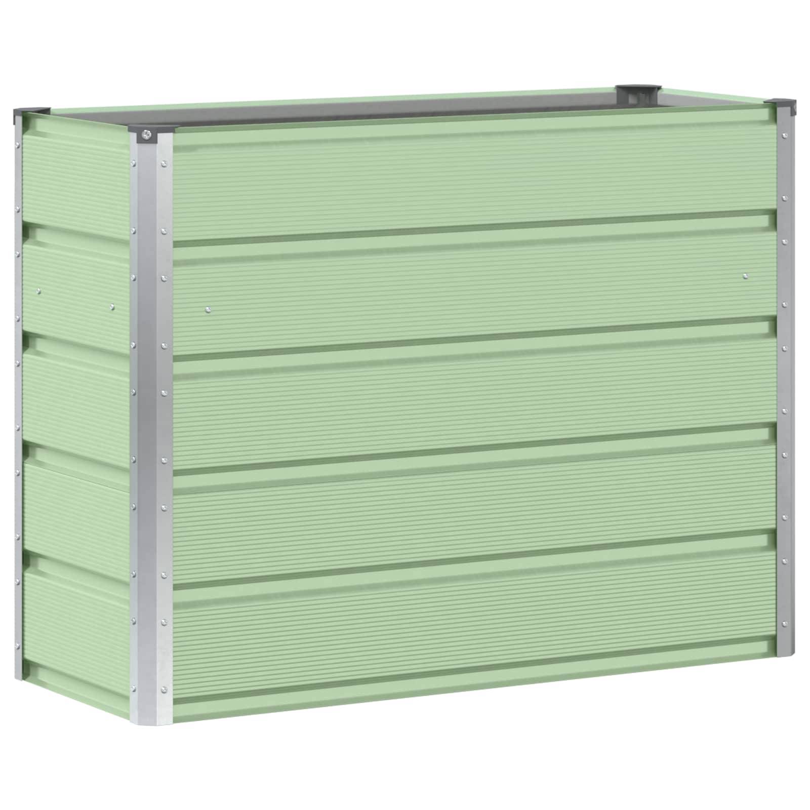 Ein hellgrüner, rechteckiger Metallblumenkästen mit horizontalen Rillen, Stützklammern und modernem Design.