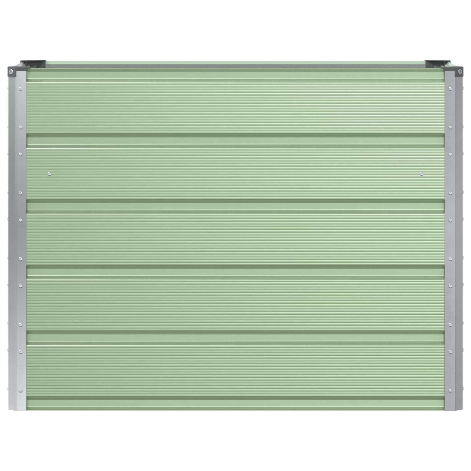 Eine rechteckige Blumenkiste in Minzgrün ist mit blühenden violetten Blumen gefüllt, die in einer ordentlichen Reihe angeordnet sind.