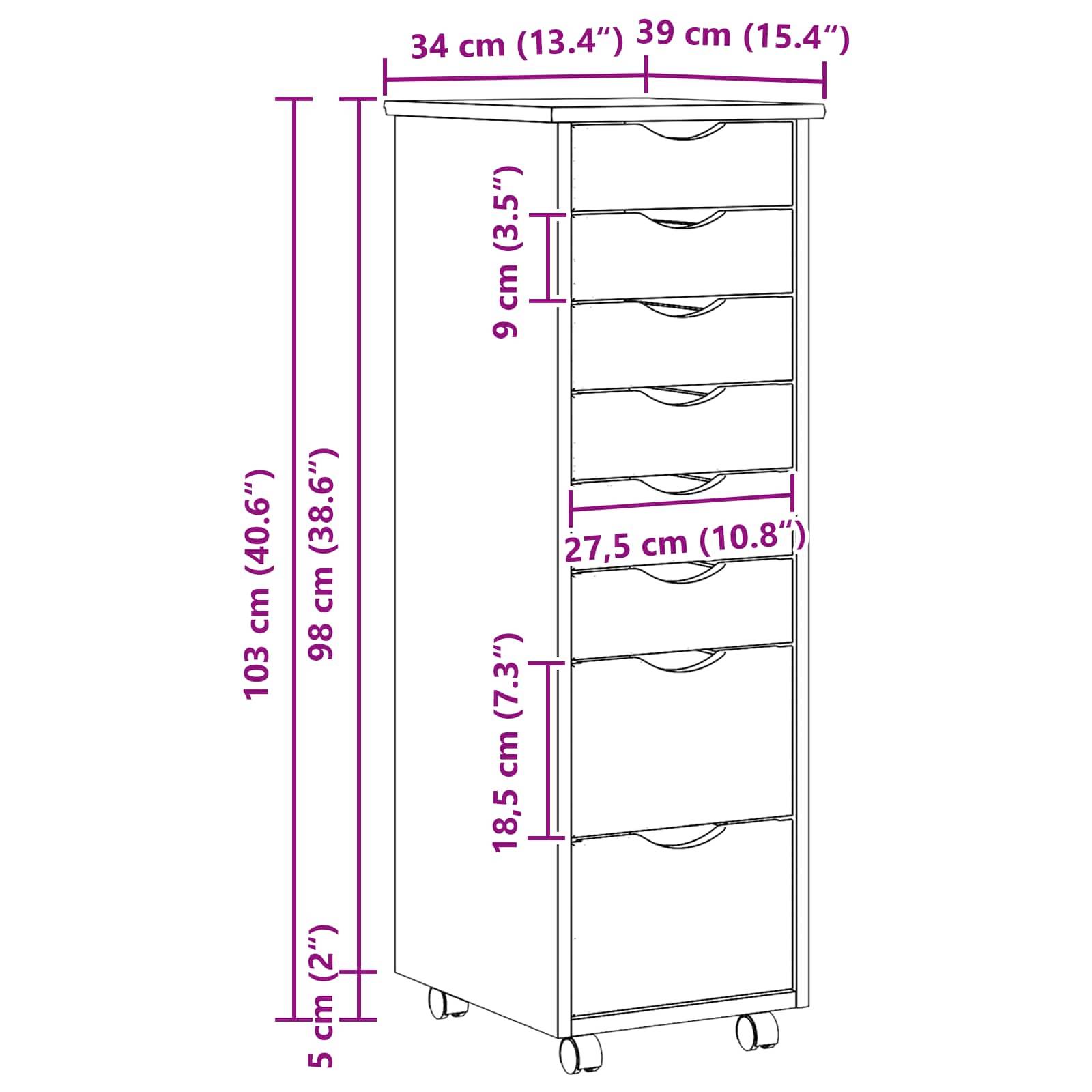 vidaXL Rollcontainer mit Schubladen MOSS Klarlack 34 x 39 x 103 cm