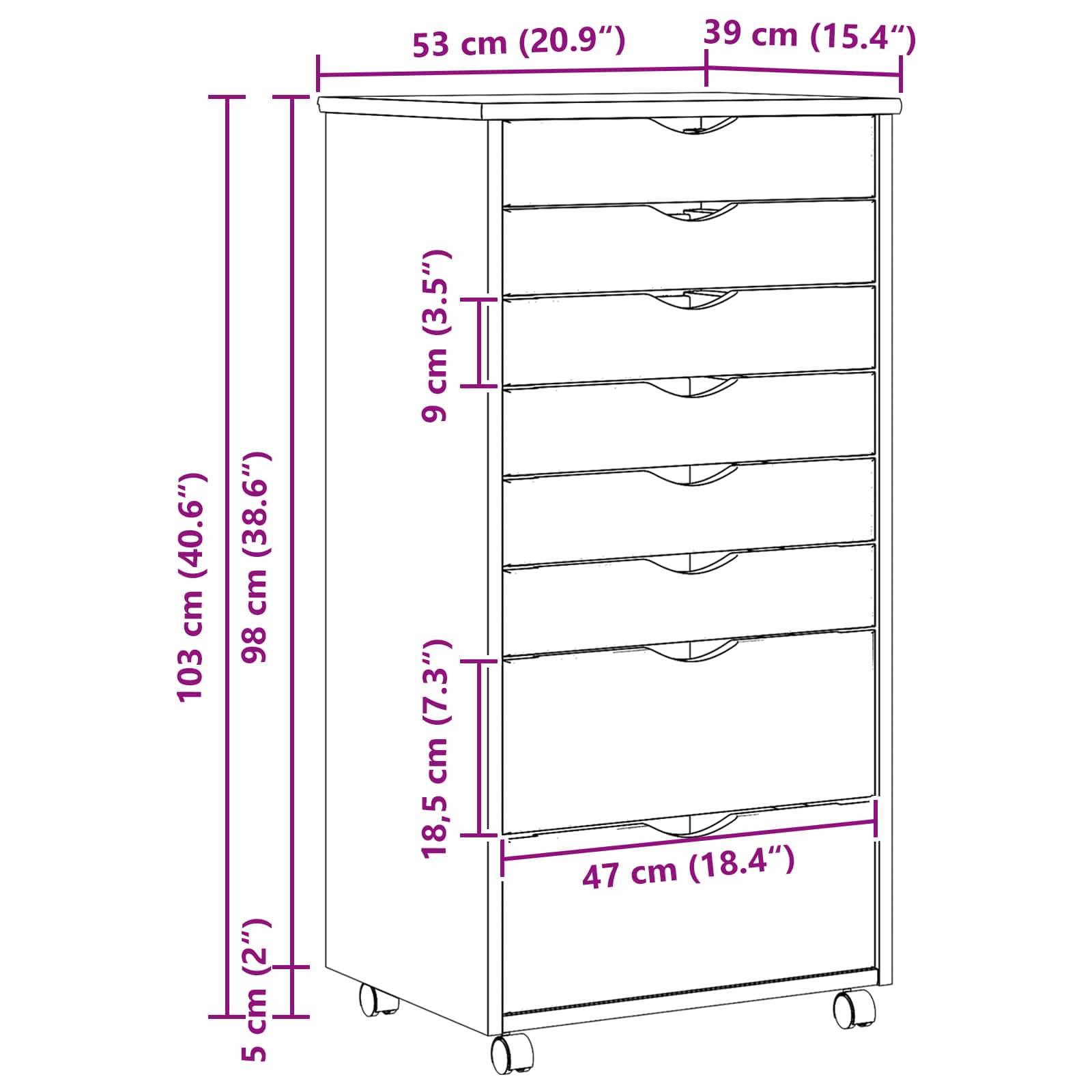 vidaXL Rollcontainer mit Schubladen MOSS Klarlack 53 x 39 x 103 cm