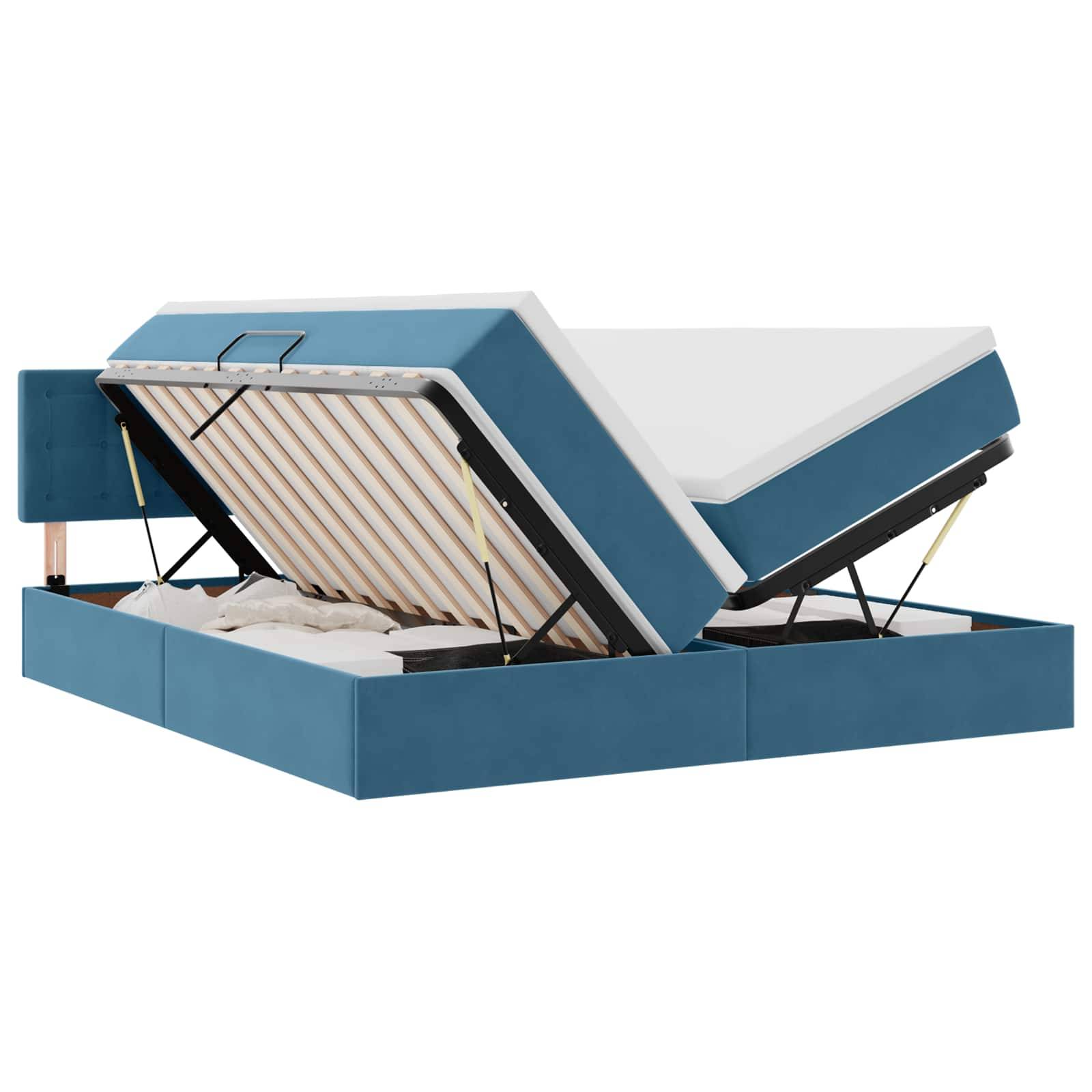 Ein Bett mit einem blau gepolsterten Rahmen verfügt über einen hydraulischen Hebeöhimismus, der Stauraum unter der Matratze freilegt.