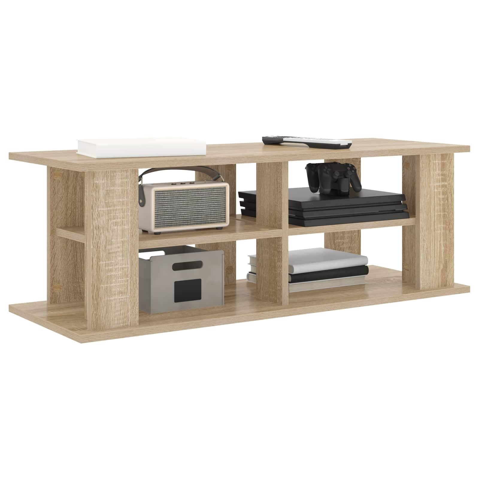 Holzfernseherstand mit zwei offenen Regalen, rustikalem Finish und rechteckigem Design. Ideal zur Aufbewahrung und Medienvitrinen in Wohnräumen.
