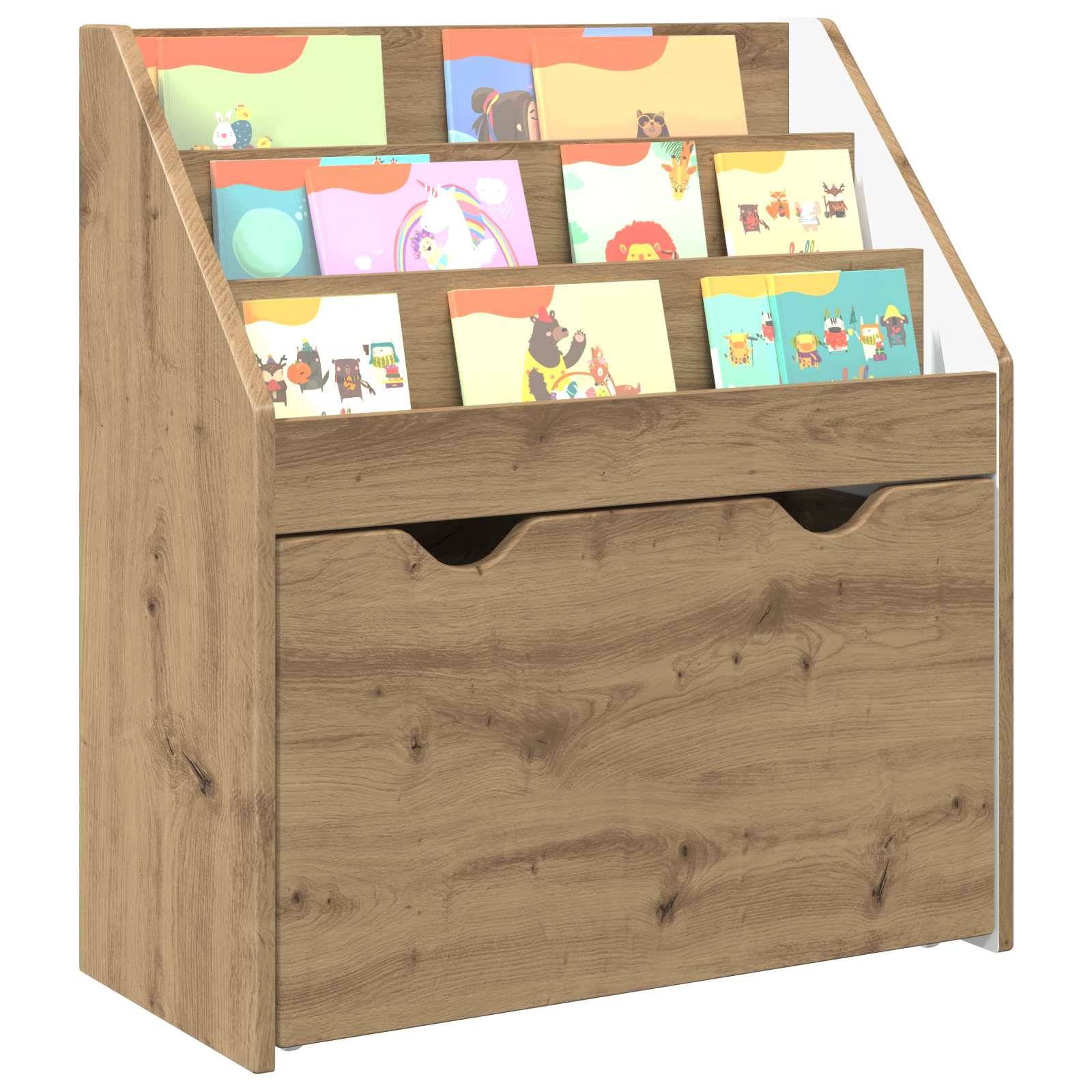 Hölzernes Bücherregal mit vier geneigten Regalboden, das Kinderbücher mit farbenfrohen Cartoon-Umschlägen präsentiert und eine Schublade zur Aufbewahrung darunter aufweist.