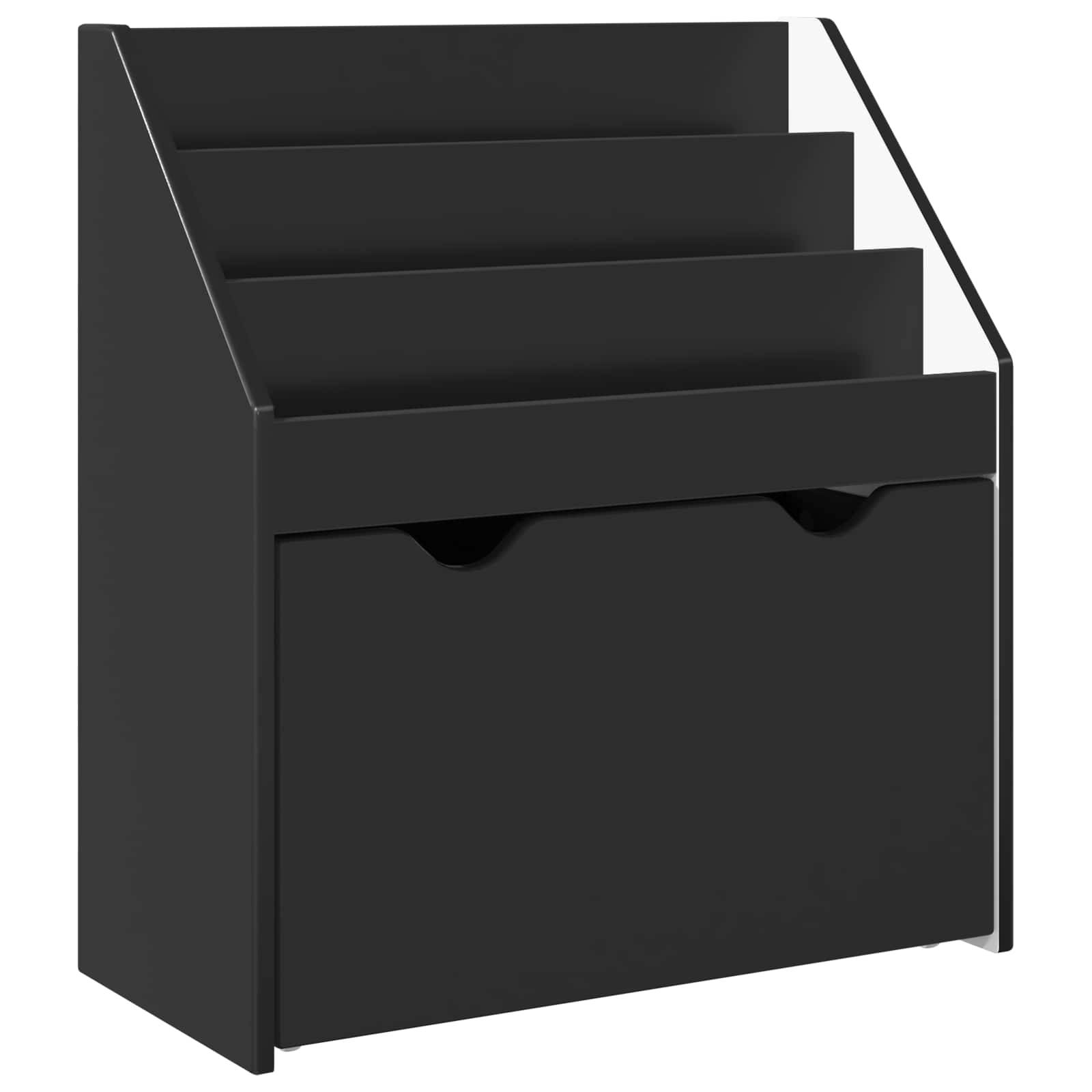 Schwarzer Magazinhalter mit drei geneigten Regalen zum Organisieren, mit unterer Aufbewahrungsbox.