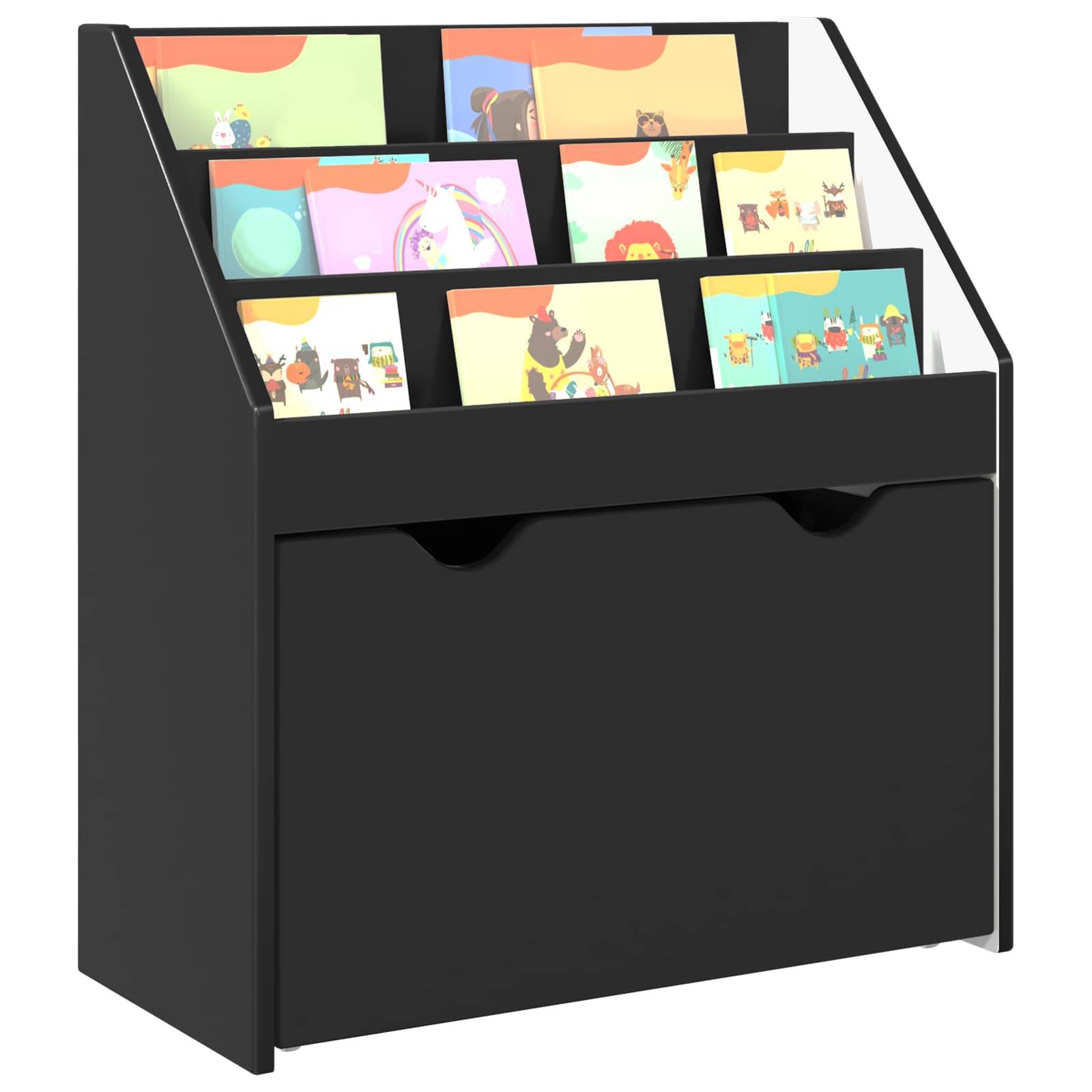 Ein hölzernes, mehrstöckiges Magazinregal mit drei geneigten Regalen und zwei Fächern zur Aufbewahrung, das ein rustikales Design zur Schau stellt.