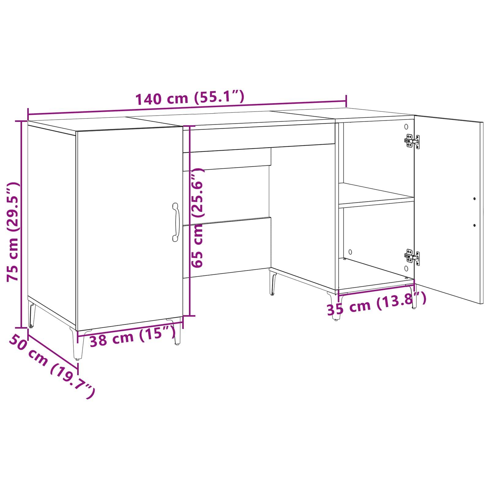 Eine Illustration eines Schranks mit beschrifteten Abmessungen: 140 cm breit, 75 cm hoch und unterschiedliche Tiefen von 50 cm, 38 cm und 35 cm.