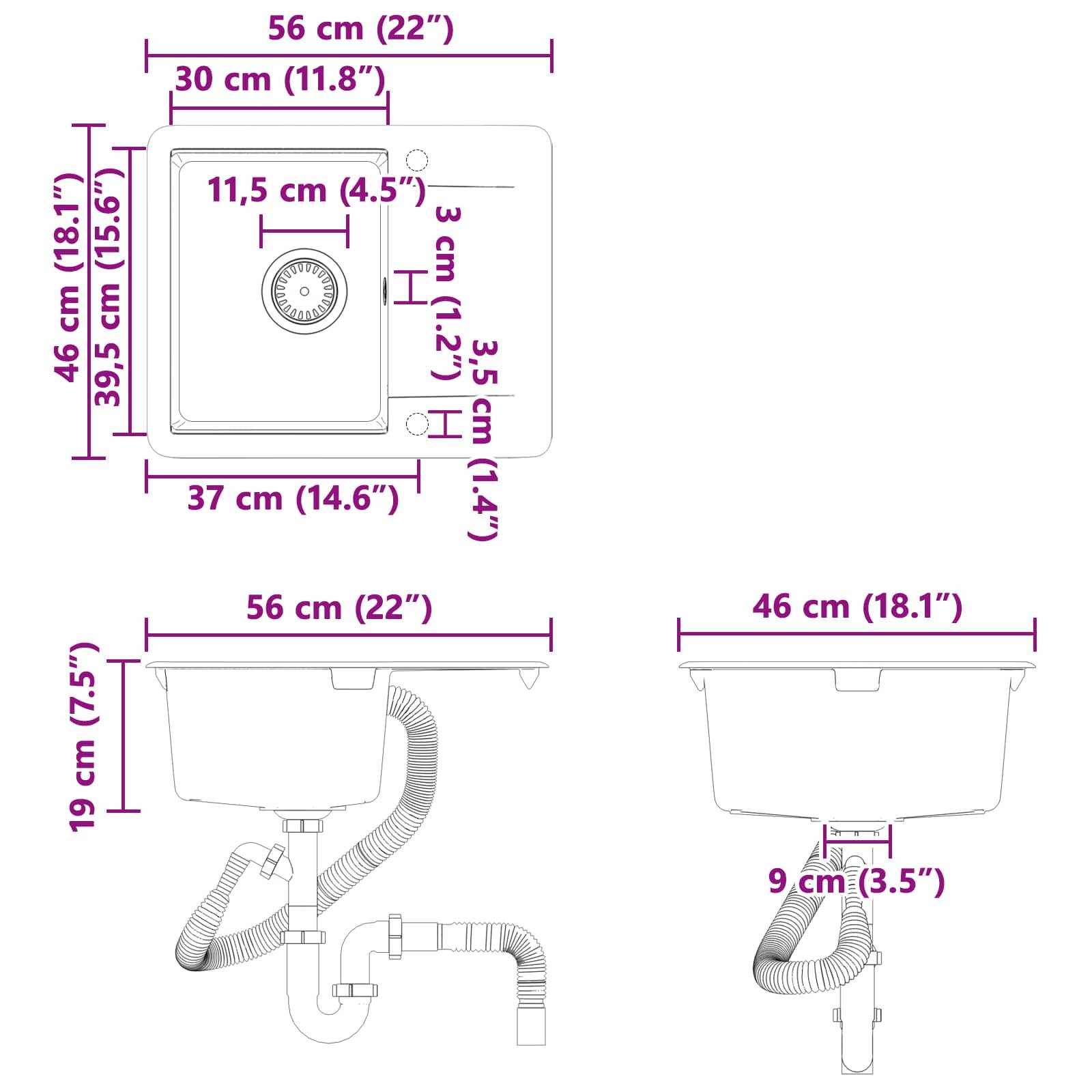 Ein weißes rechteckiges Waschbecken mit zentralem Abloch, das für Küchen- oder Badezimmerinstallationen konzipiert ist.