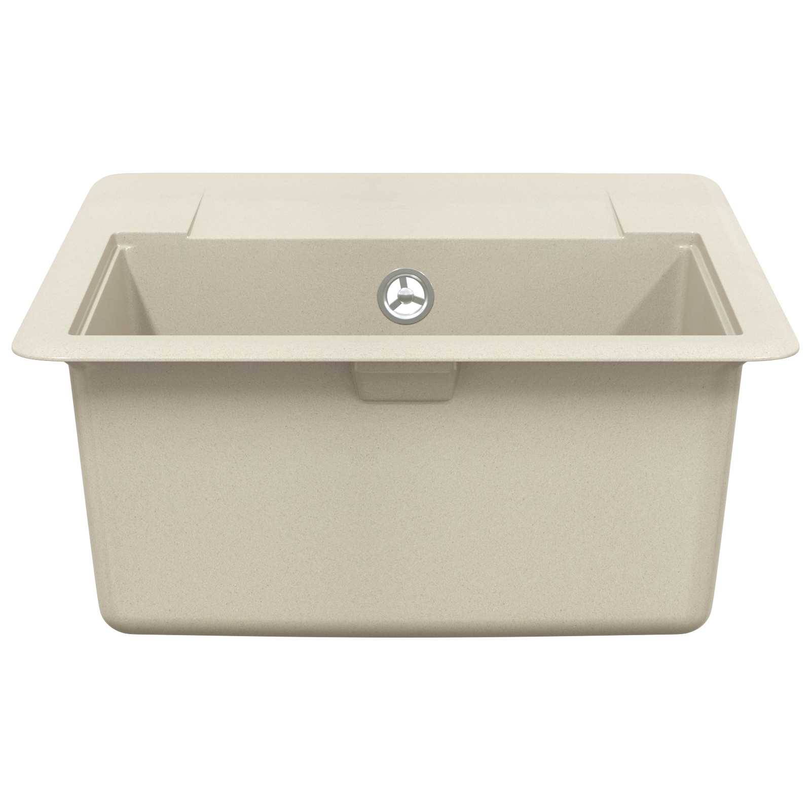Ein beige Unterbau-Küchenspülbecken mit modernem, rechteckigen Design und zentral angeordnetem Ablauf.