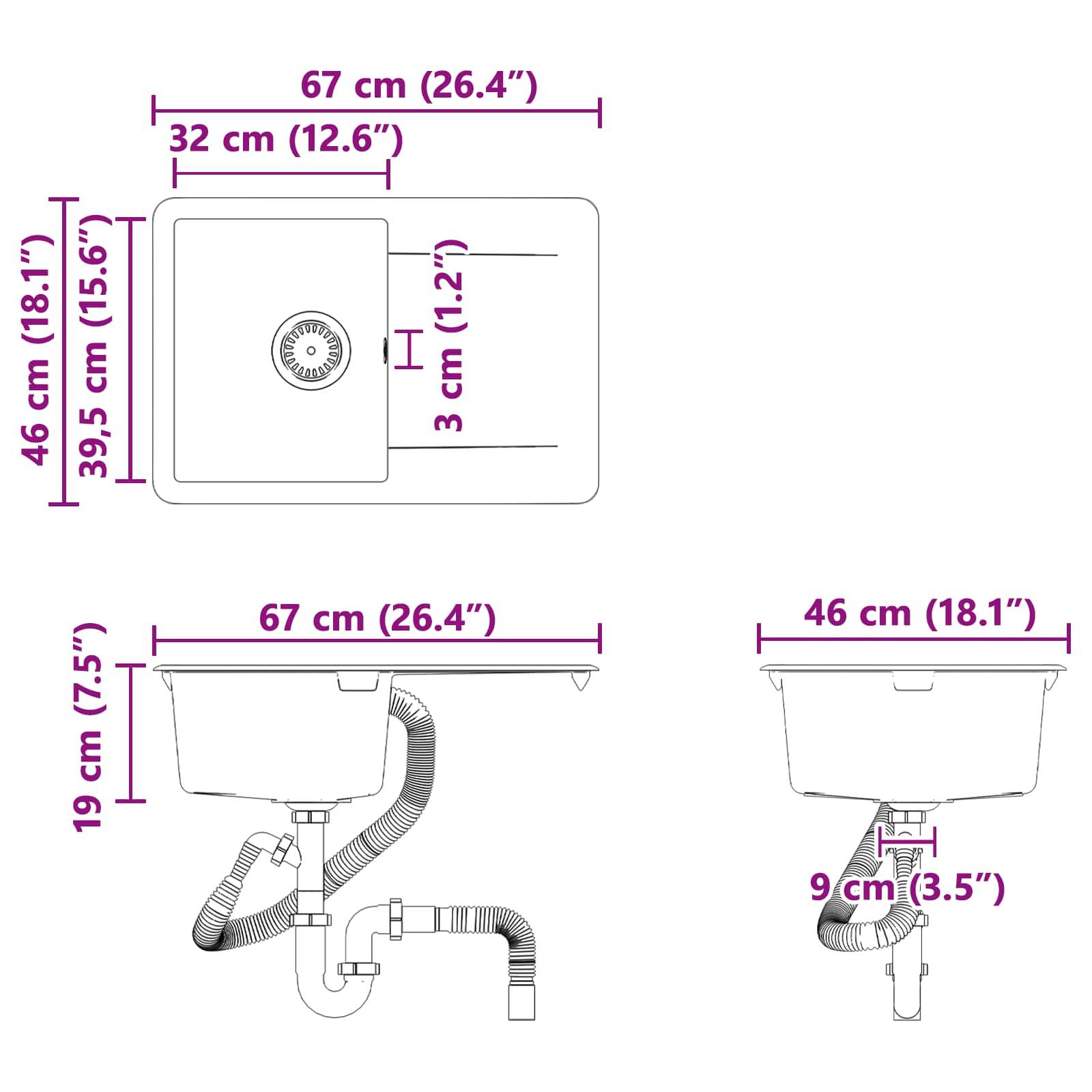 Diagramm eines rechteckigen Küchenspülbeckens mit detaillierten Abmessungen. Die Draufsicht zeigt eine Länge von 67 cm und eine Breite von 46 cm; Seitenansichten zeigen die Tiefe von 19 cm und die Sanitärinstallation im Detail.
