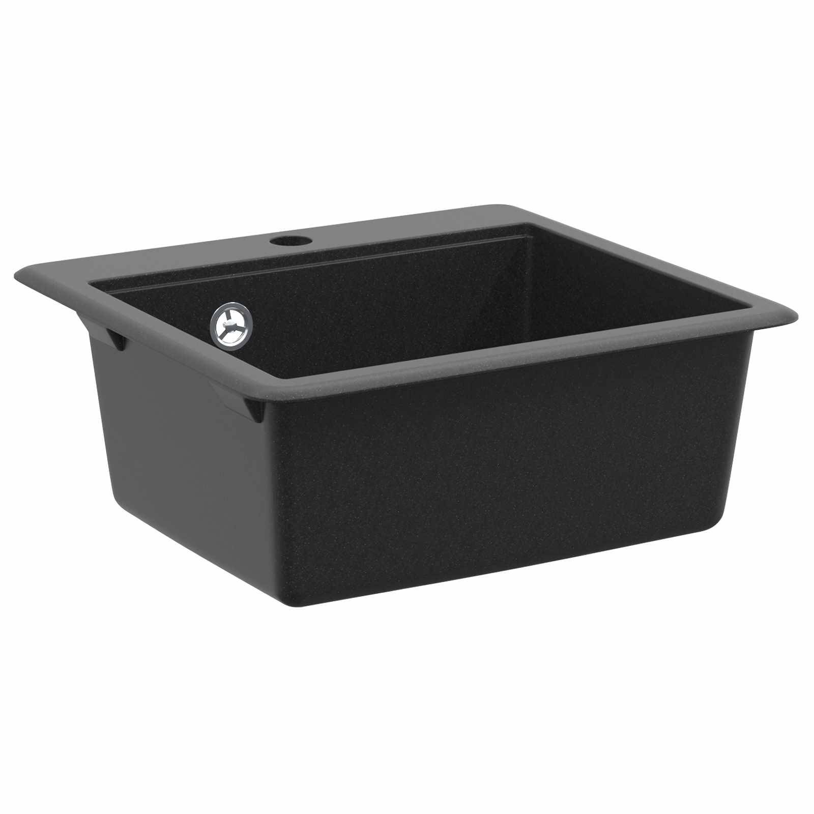Ein schwarzes rechteckiges Küchenspülbecken mit matter Oberfläche, mit einem einzelnen Loch für die Armaturenmontage.