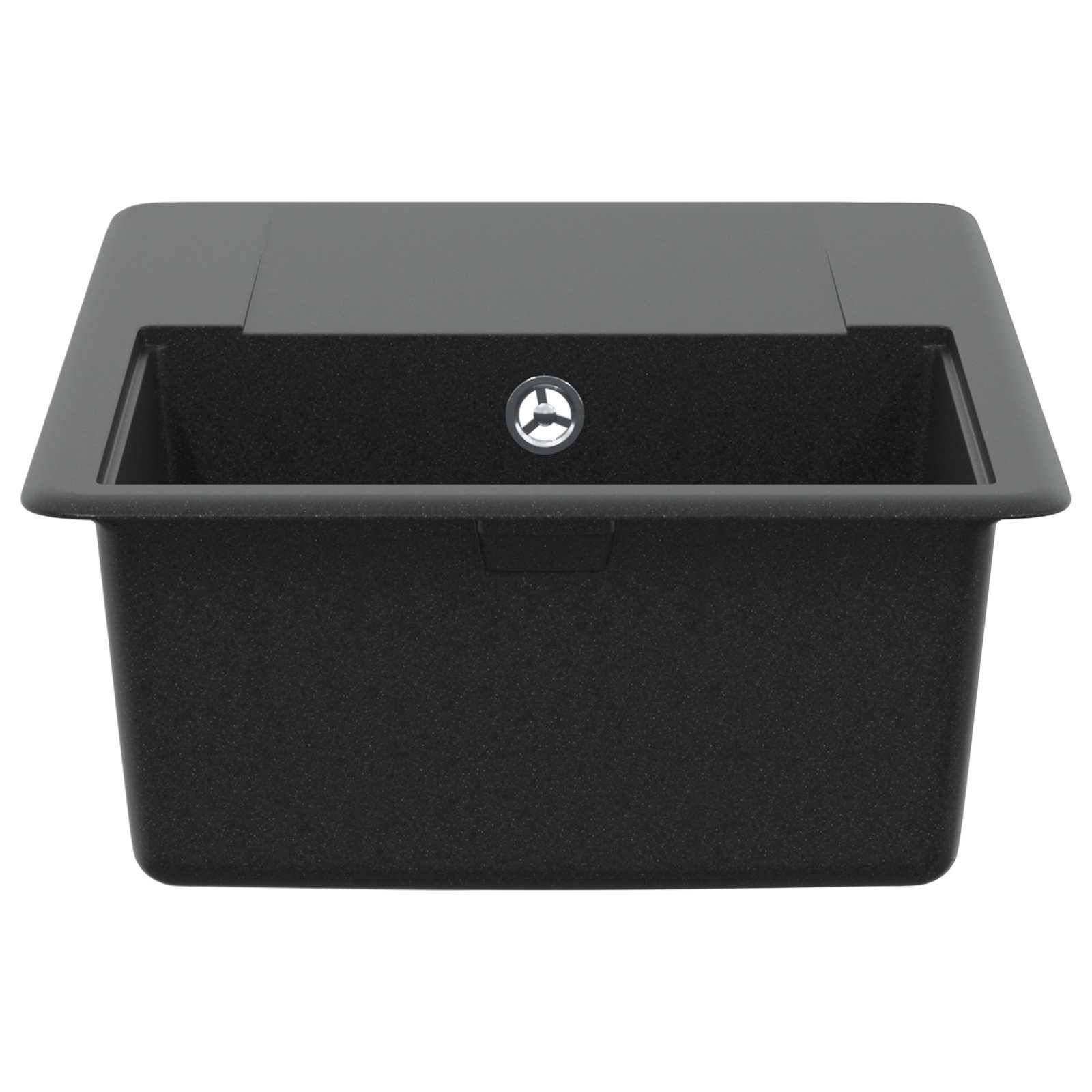 Ein schwarzes rechteckiges Küchenspülbecken mit zentralem Abfluss und flachen Kanten.