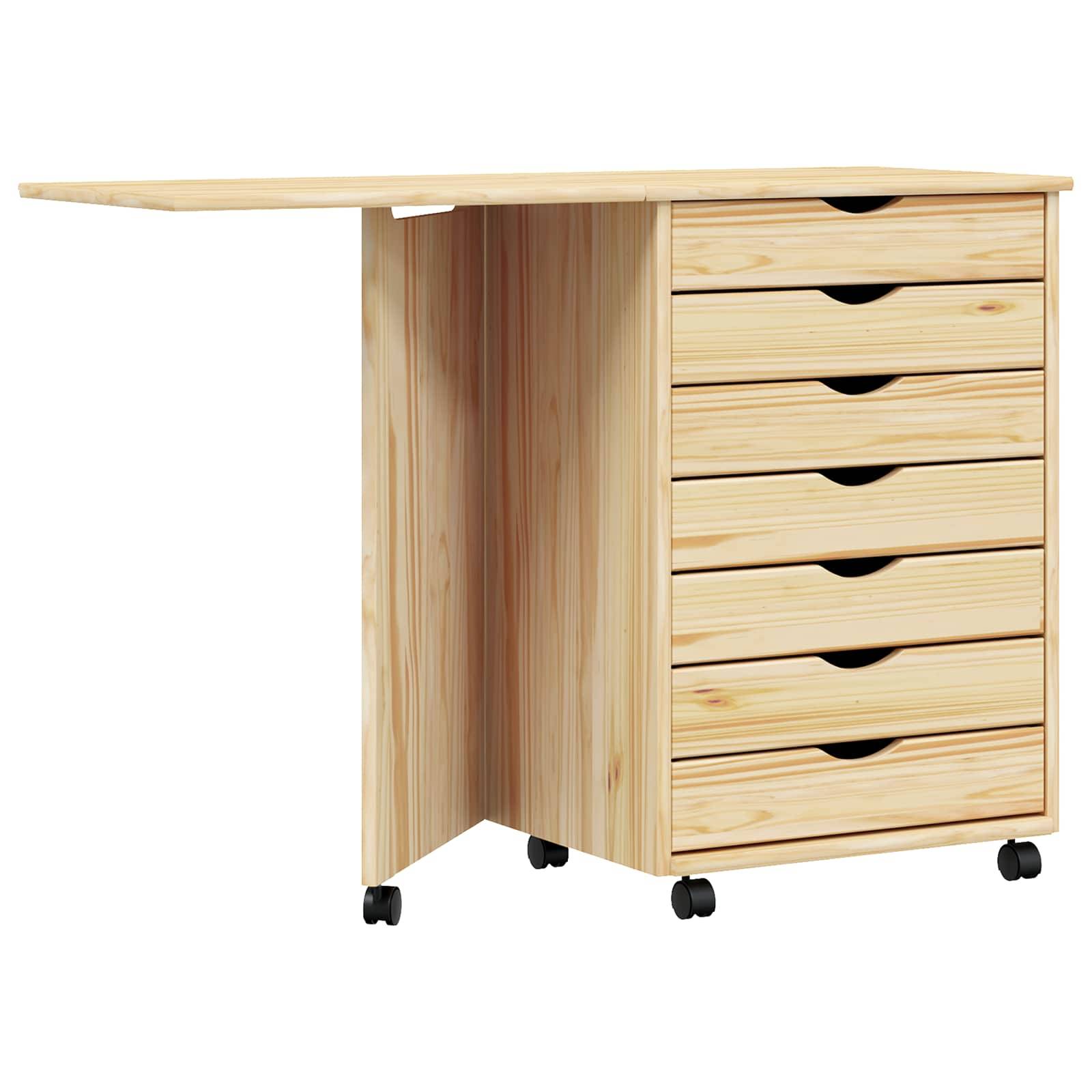 Ein Holzschreibtisch mit sechs Schubladen und einer klappbaren Platte, auf kleinen Rollen zur Mobilität montiert. Das Holz hat eine natürliche helle Oberflächenbehandlung.