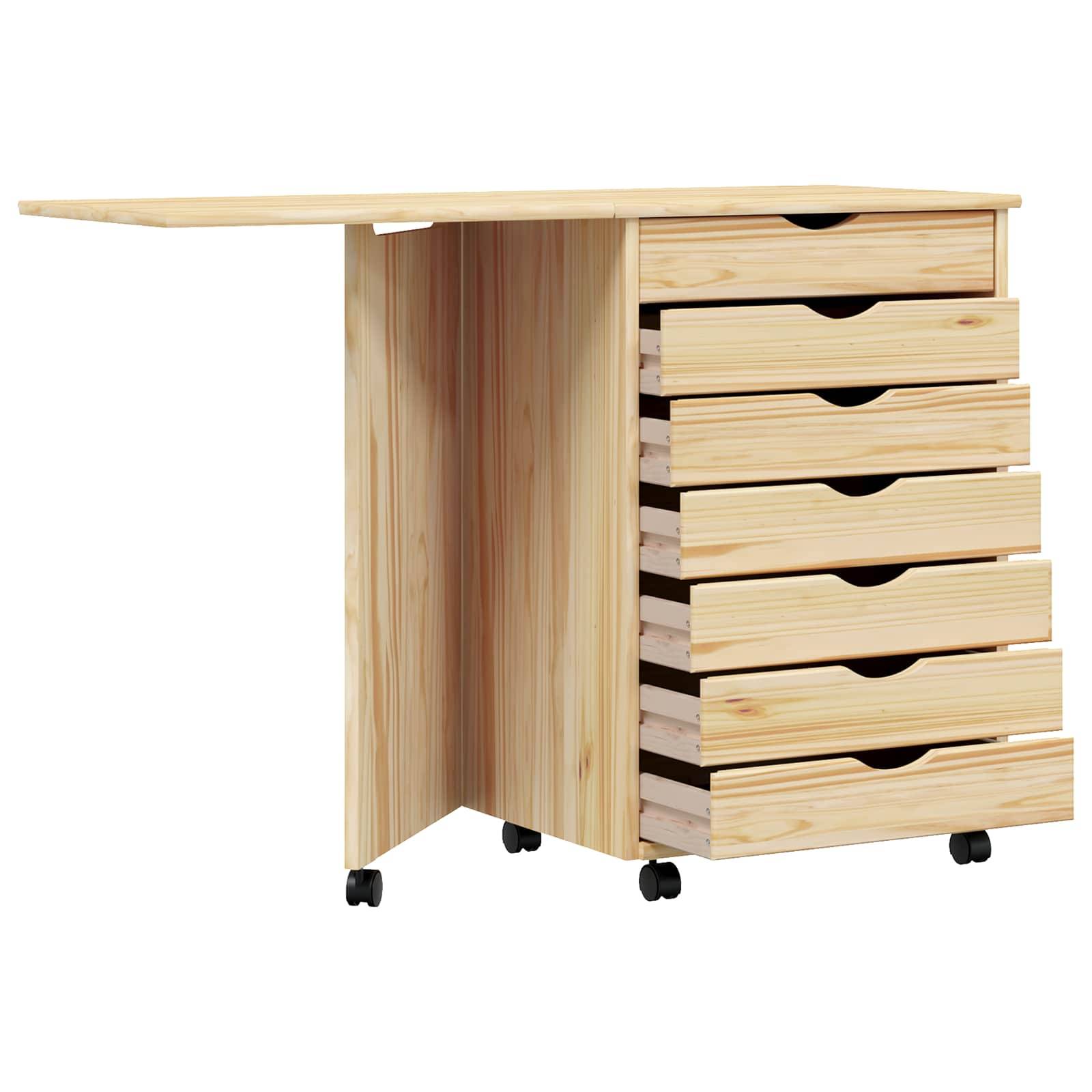 Ein mobiler Handwerkstisch aus Holz mit klappbarer Arbeitsplatte und sechs Schubladen auf Rollen, entworfen für effiziente Organisation und flexible Arbeitsplatzgestaltung.