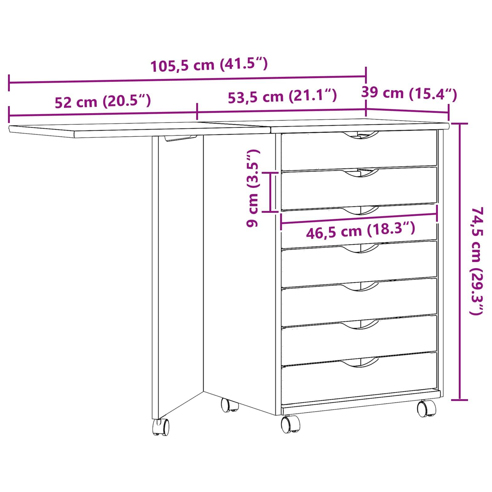 Klappbarer Schreibtisch mit Schubladen und gekennzeichneten Abmessungen: Höhe 74,5 cm, Breite von 39 cm bis 105,5 cm, Tiefe 46,5 cm.
