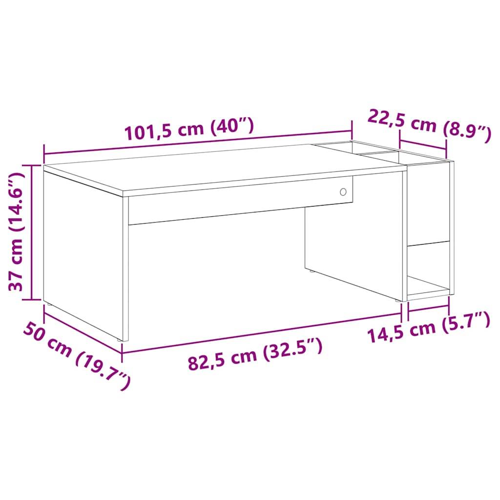 Das Bild zeigt einen Schreibtisch mit folgenden Abmessungen: 101,5 cm breit, 50 cm tief, 37 cm hoch. Beinhaltet eine Schublade und offene Regalbereiche mit Messwerten.