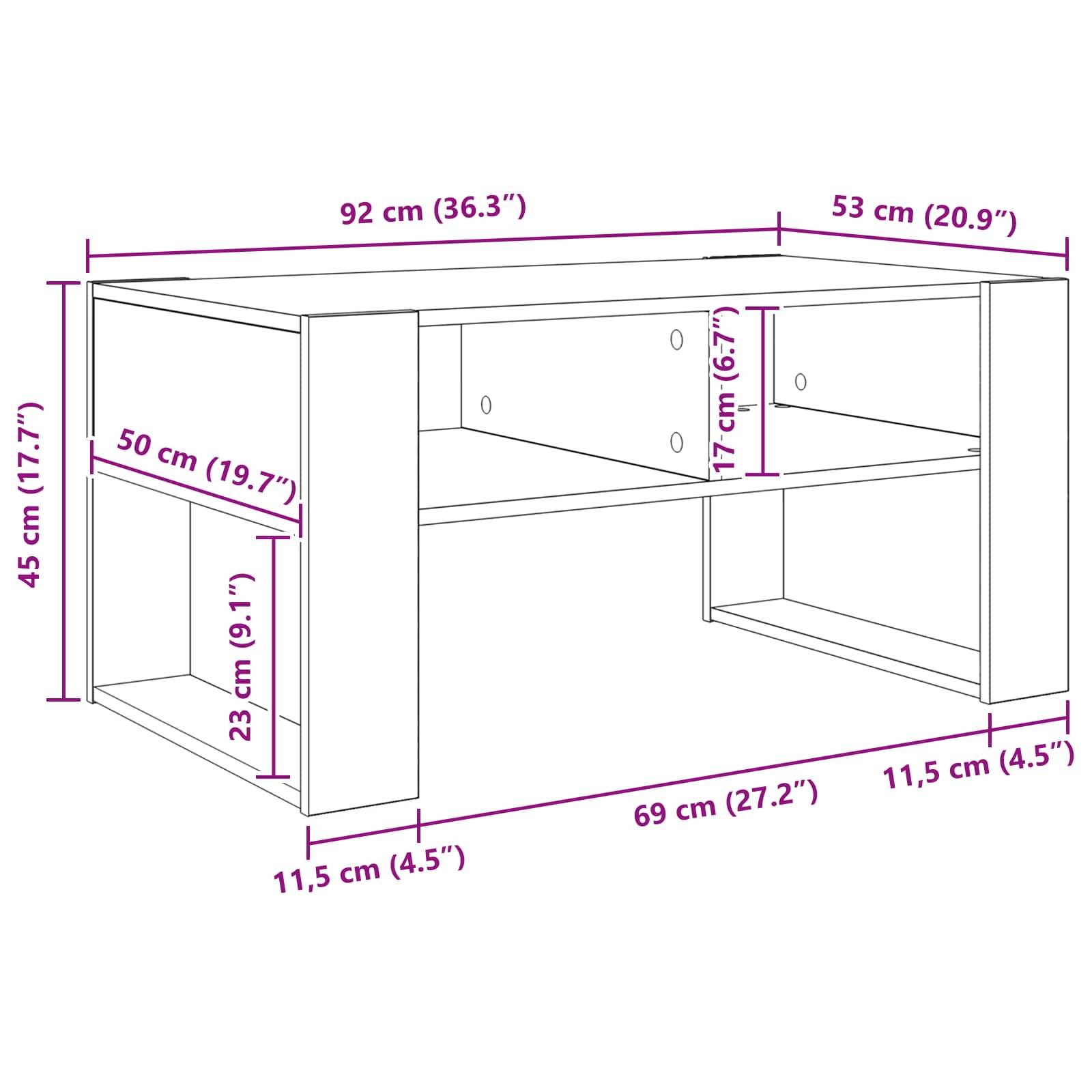 Bild eines Schreibtisches mit beschrifteten Abmessungen in Zentimetern und Zoll, das eine zweistöckige Struktur mit Stauraum unter der Hauptoberfläche zeigt.