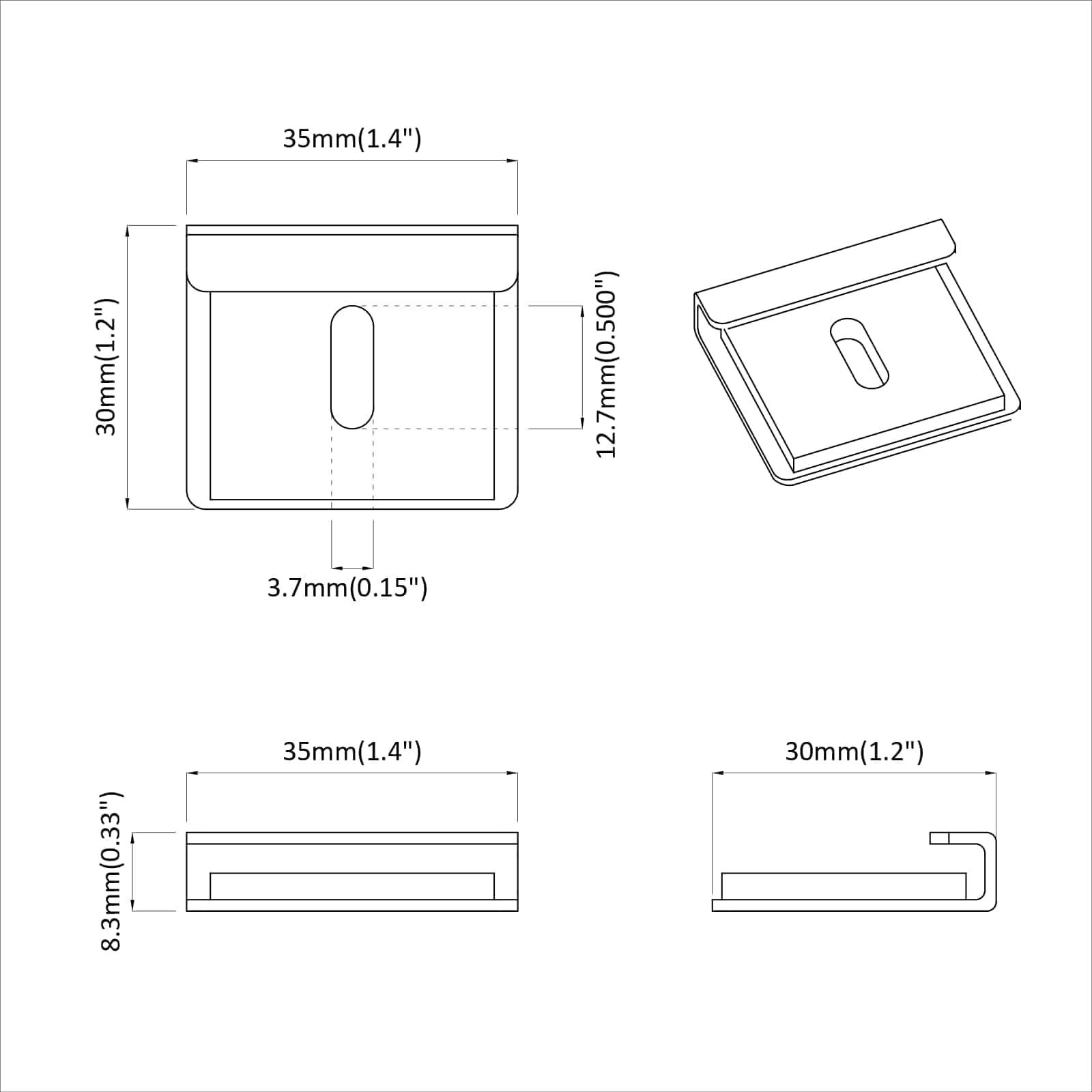 Technische Zeichnung einer rechteckigen Halterung mit Abmessungen: 35 mm x 30 mm Fläche, 15 mm Seitenkerbe, 12,7 mm Tiefe. Ansichten: Vorder-, Draufsicht, Seitenansicht.
