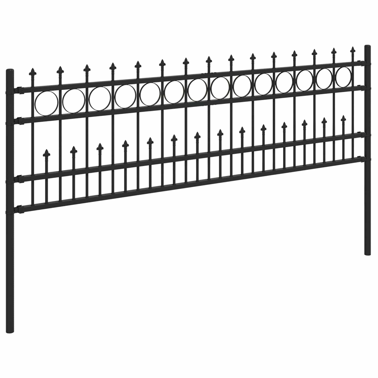 Ein schwarzes dekoratives Metallzaunfeld mit spitzen Finialern und kreisförmigen Mustern oben, entworfen für Garten- oder Grundstücksgrenzen.