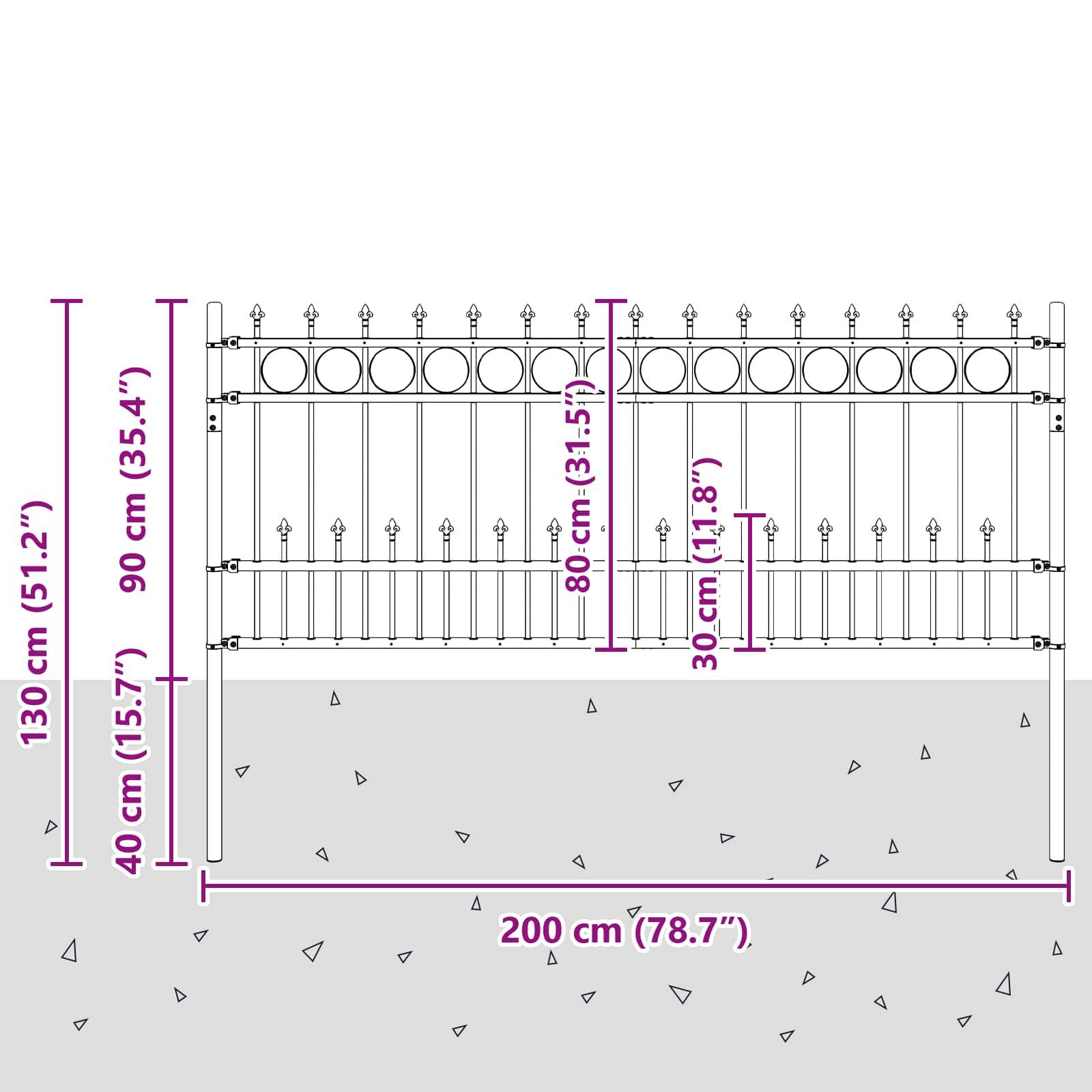 Abbildung eines dekorativen Metallzauns mit Maßangaben: 200 cm breit, 90 cm hoch, in einer Höhe von 40 cm über dem Boden positioniert.