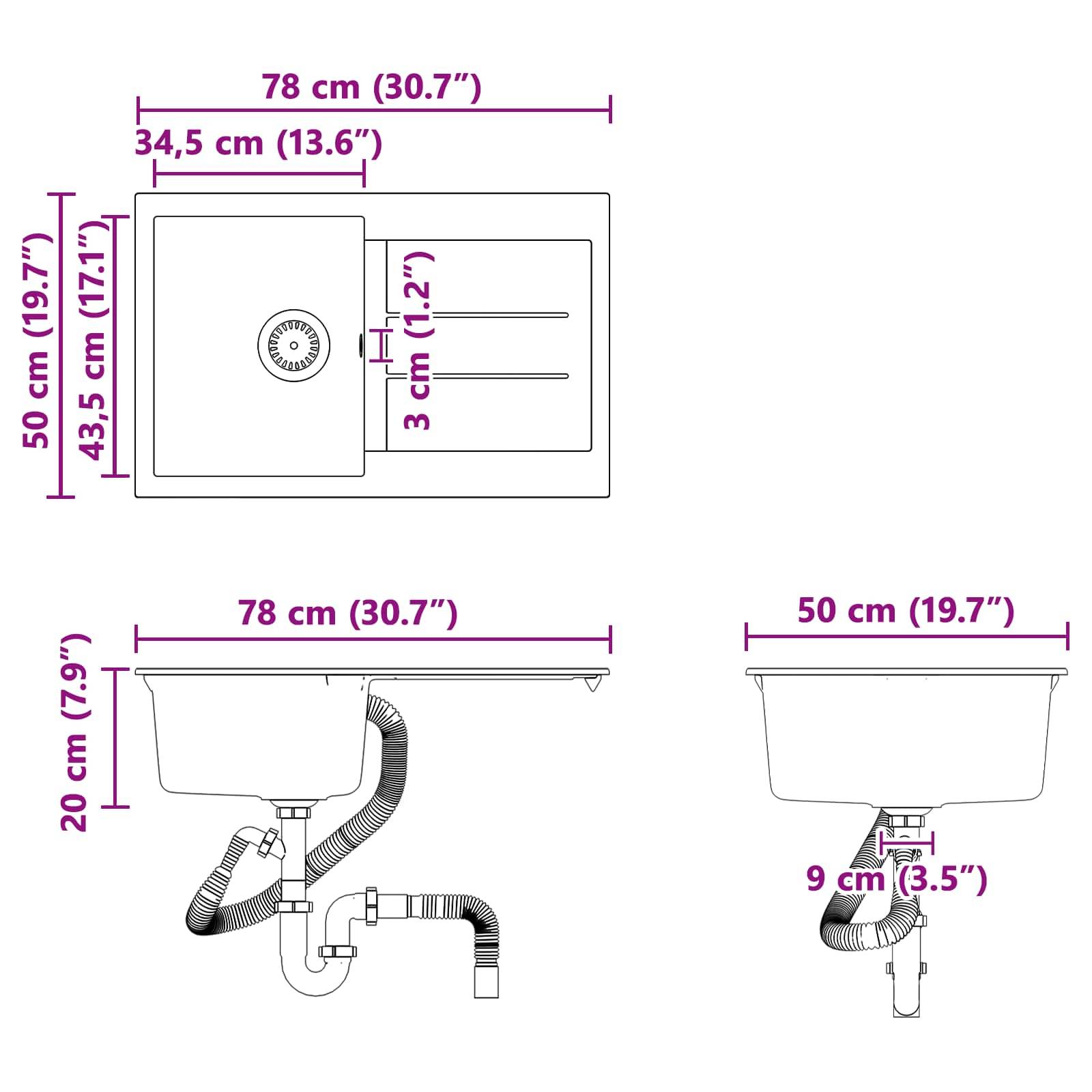 Spülbeckenmasse: Draufsicht - 78 cm (30,7