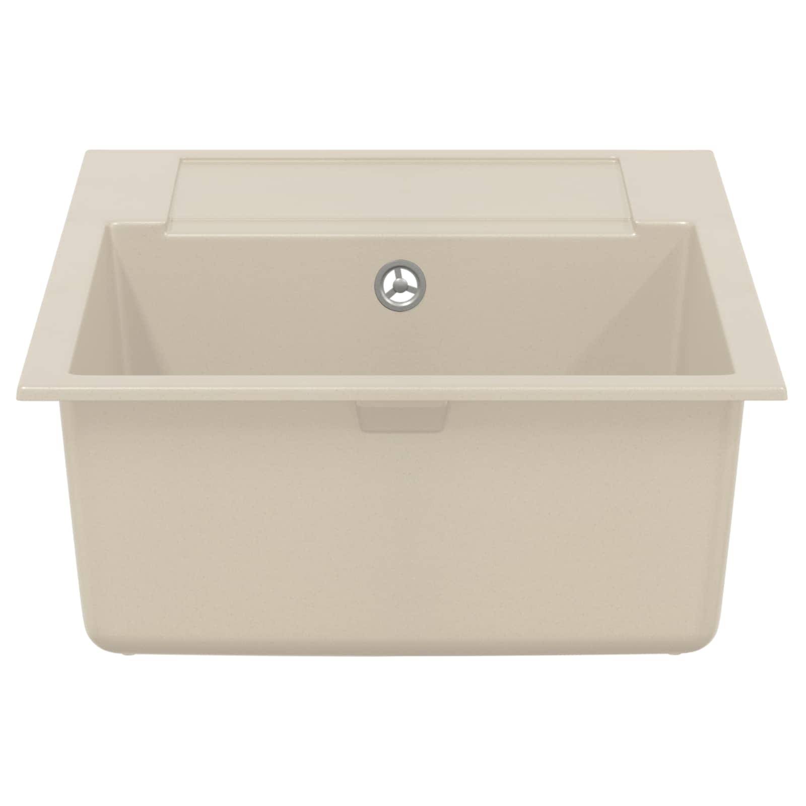 Ein rechteckiges beiges Waschbecken mit zentralem Ablauf und erhöhten Rändern, entworfen für eine moderne Küchen- oder Badezimmerumgebung.