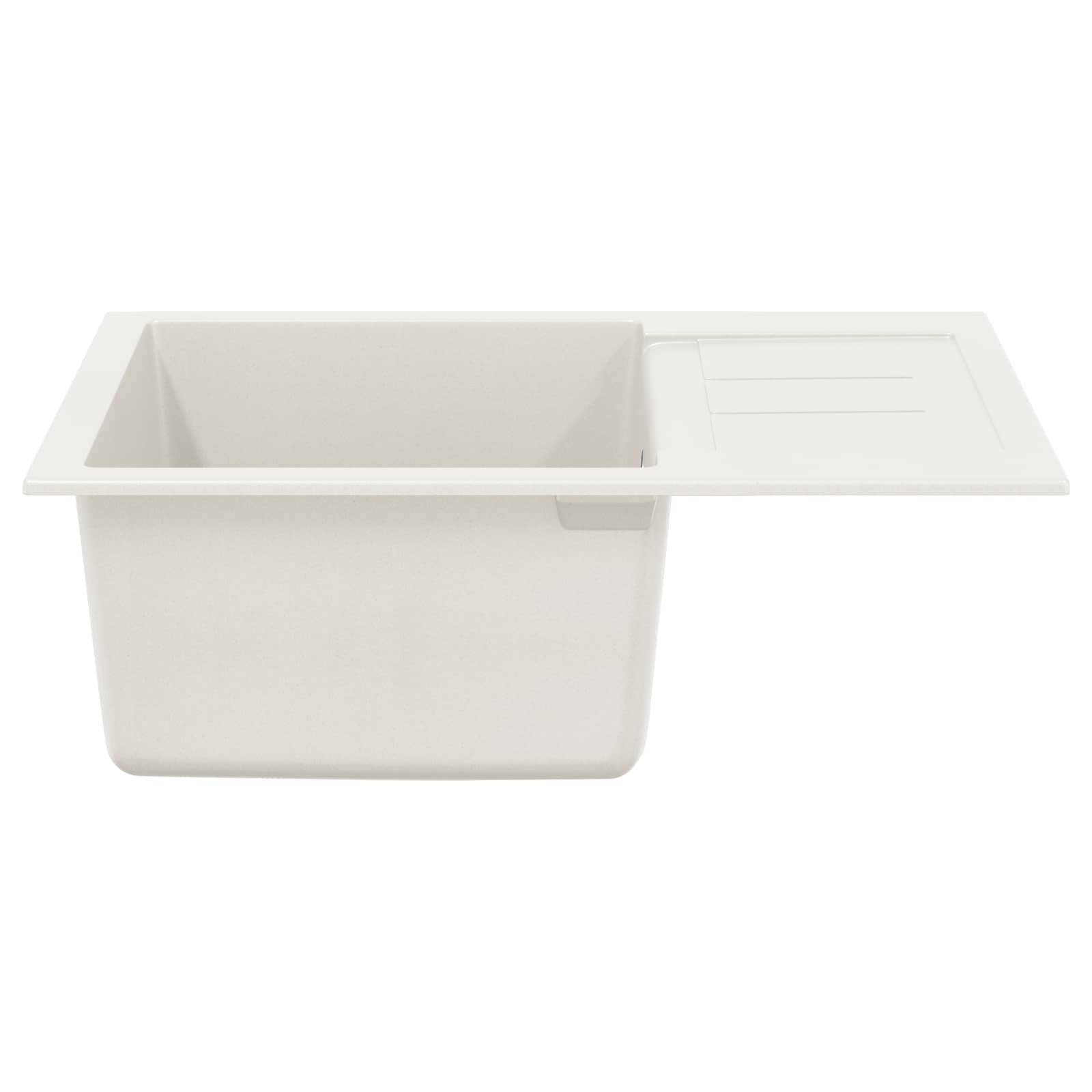 Rechteckiges weißes Spülbecken mit integriertem Abtropfbereich auf der rechten Seite.