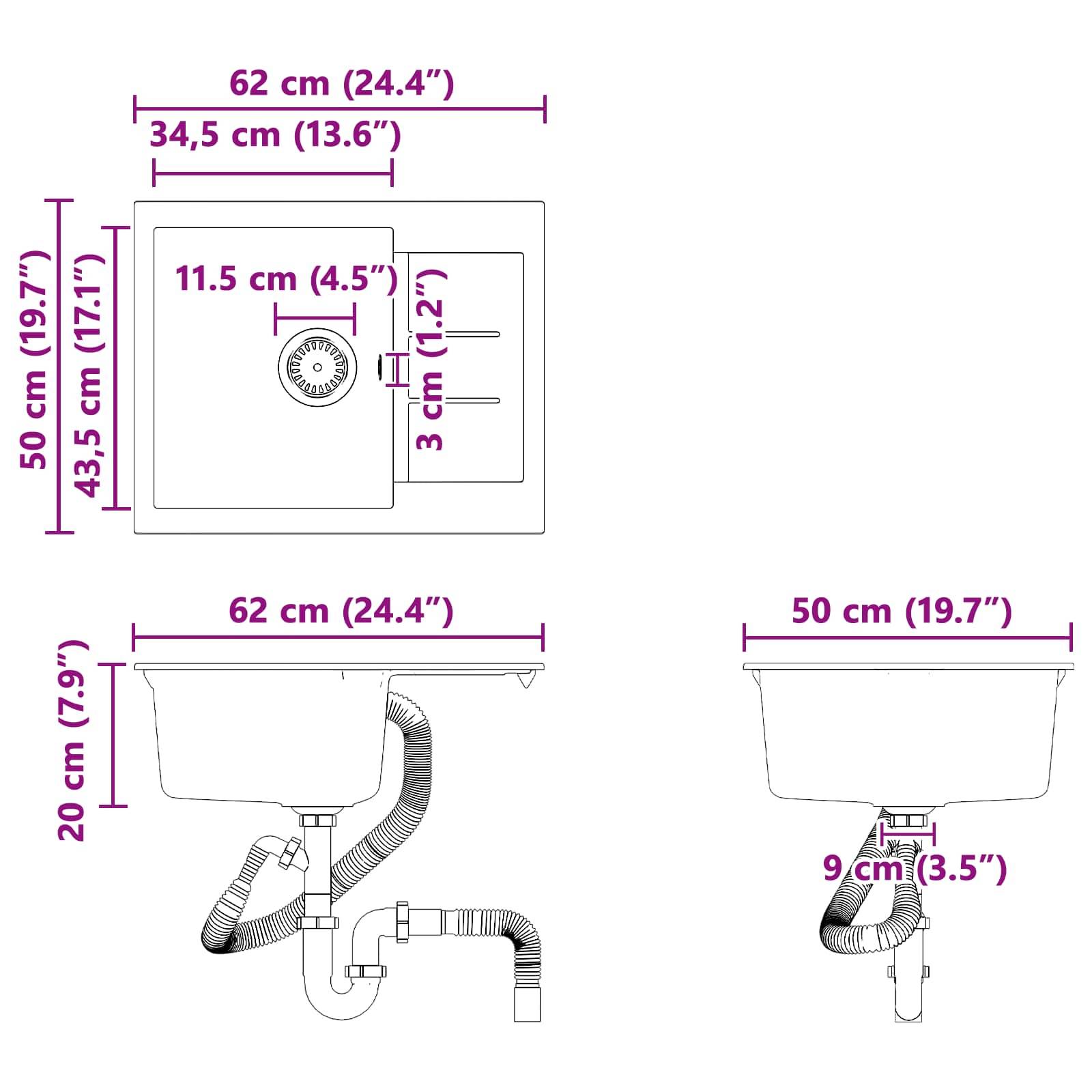 Diagramm mit Küchenspülbecken-Abmessungen: Draufsicht 62 cm x 43,5 cm; Seitenansichten mit Tiefe 20 cm und 9 cm. Beinhaltet Ablauf und Rohrströmung.
