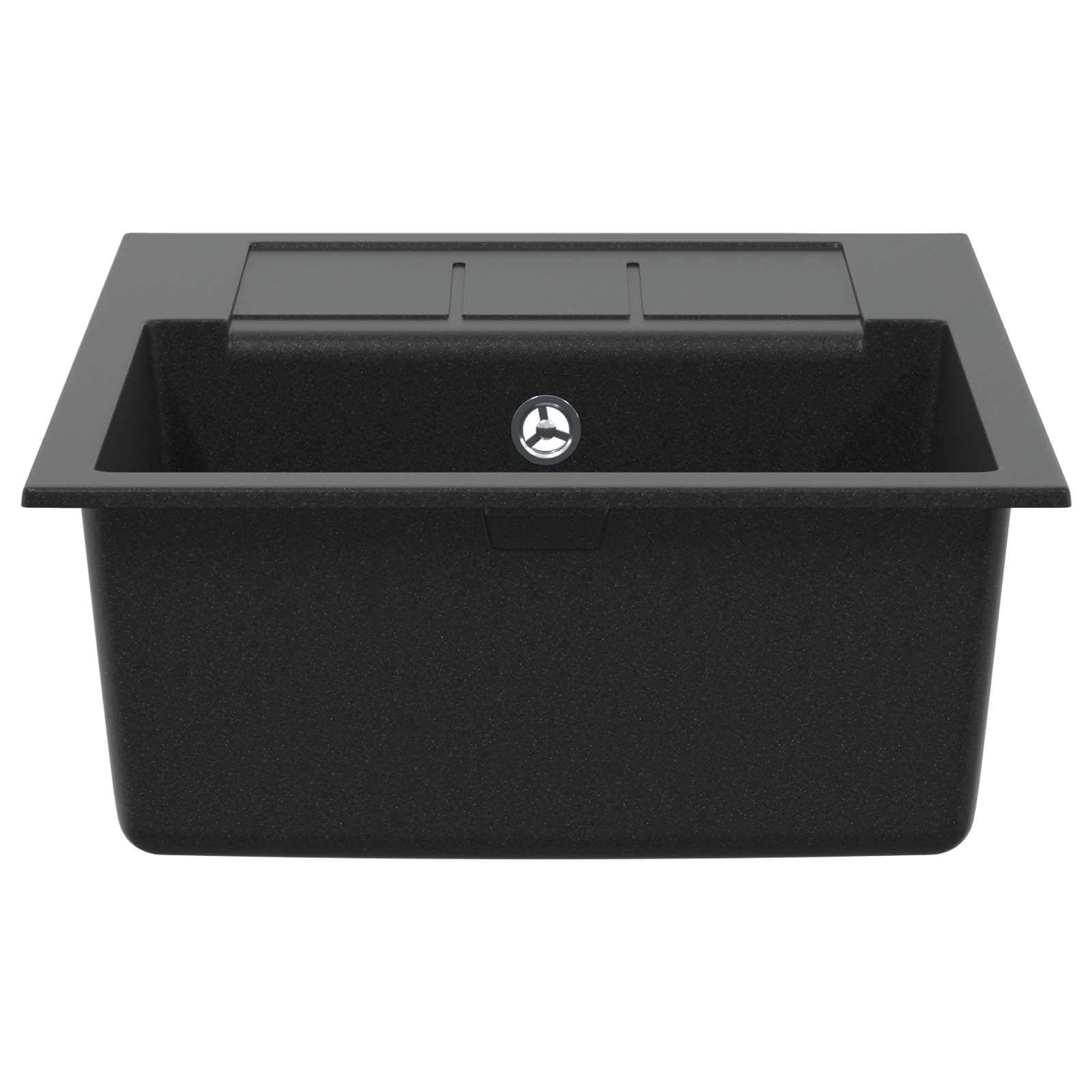 Ein schwarzes Küchenspülbecken mit rechteckiger Form, das einen zentralen Ablauf und eine flache Fläche hinter dem Becken für zusätzliche Funktionalität aufweist.