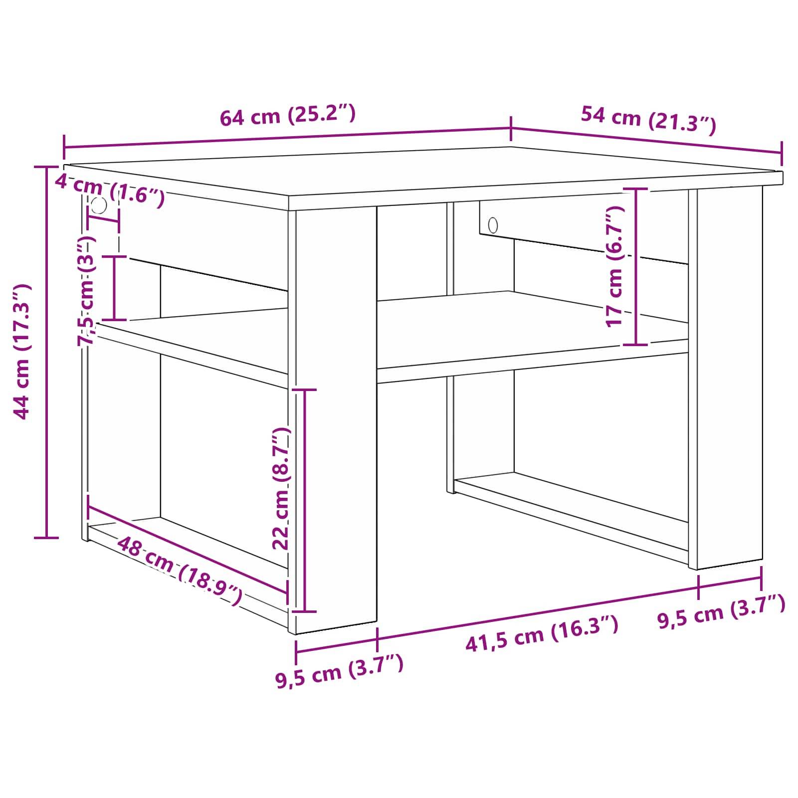 Ein Diagramm eines Schreibtisches mit gemessenen Abmessungen. Der Schreibtisch ist 64 cm breit, 54 cm tief und 44 cm hoch, mit einbezogenen Regalmessungen.