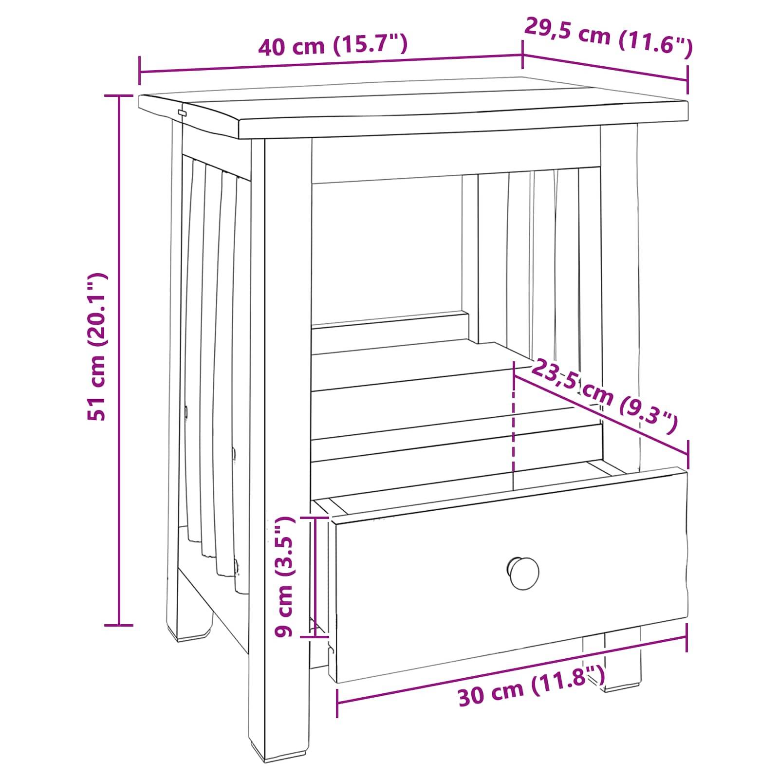 Strichzeichnung eines kleinen Holznachttisches mit einer Schublade. Die Abmessungen sind gekennzeichnet und zeigen eine Höhe von 51 cm, eine Breite von 40 cm und eine Tiefe von 29,5 cm.