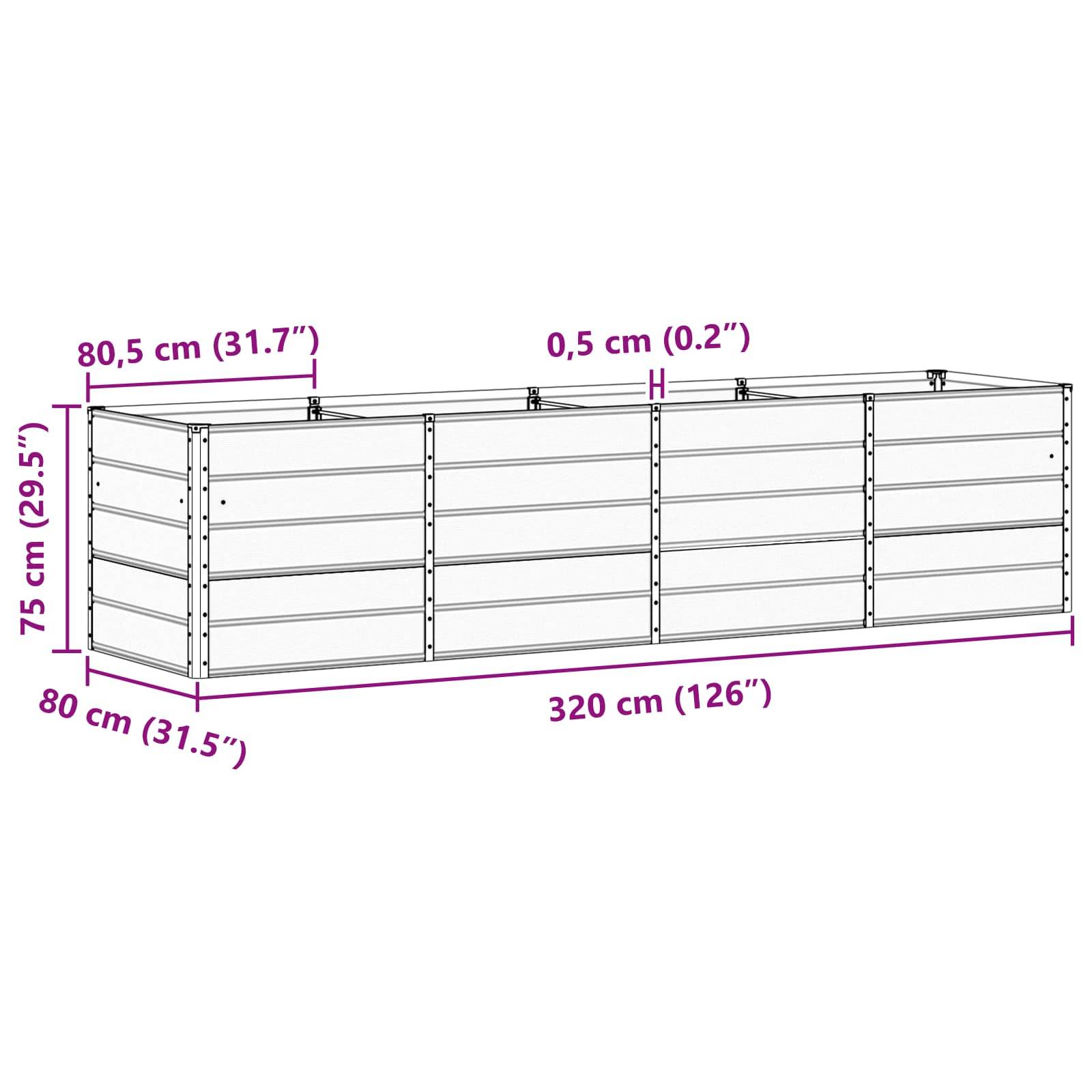 vidaXL Pflanzkübel Hellgrau 320 x 80 x 75 cm Stahl