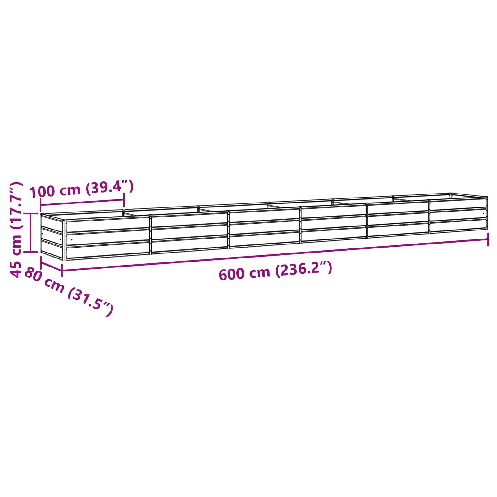 Diagramm eines rechteckigen Hochbeetes mit Abmessungen: Höhe 45 cm (17,7